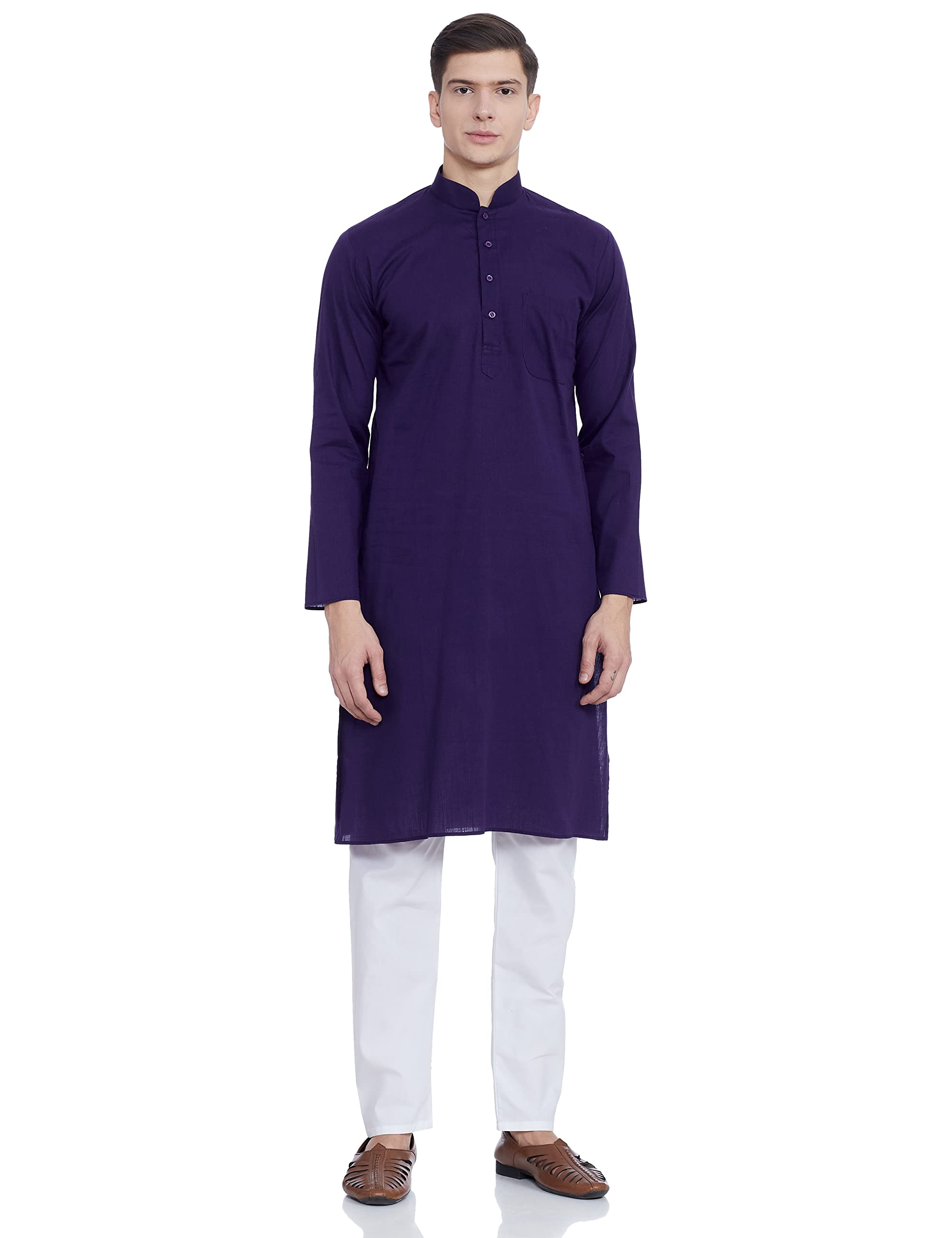 Exotic India Plain Cotton Kurta with White Pajama Set - Comfortable Traditional Indian Outfit for Men - Perfect for Festivals, Weddings & Casual Wear