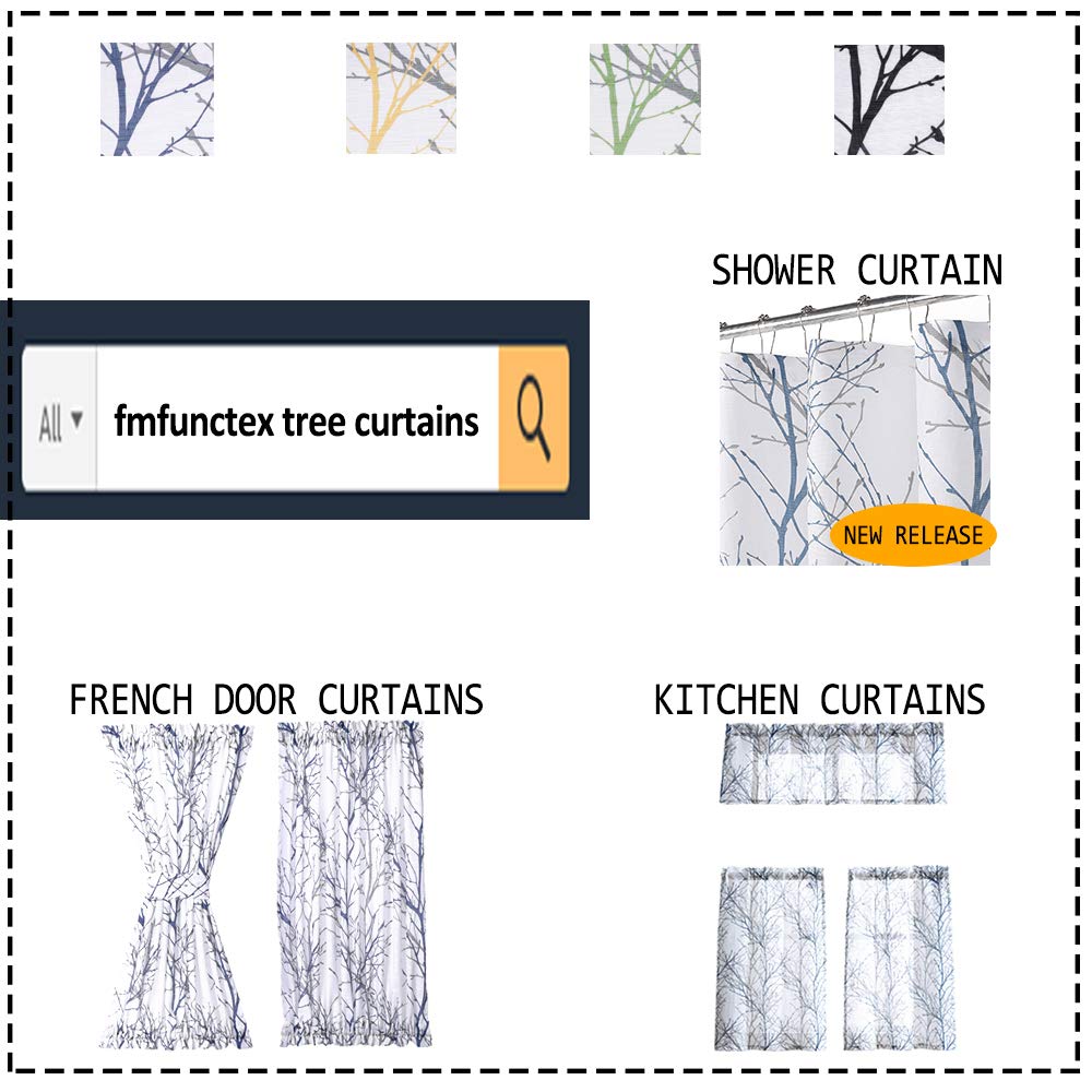 FMFUNCTEX White & Grey/Yellow Farmhouse Kitchen Curtains Set - 36 Inch Tree Branch Print Café Curtains with Rod Pocket (2 Panels) for Windows, Bathroom & Rustic Home Decor | Perfect for Coffee Shops, Country Kitchens and Cozy Living Spaces