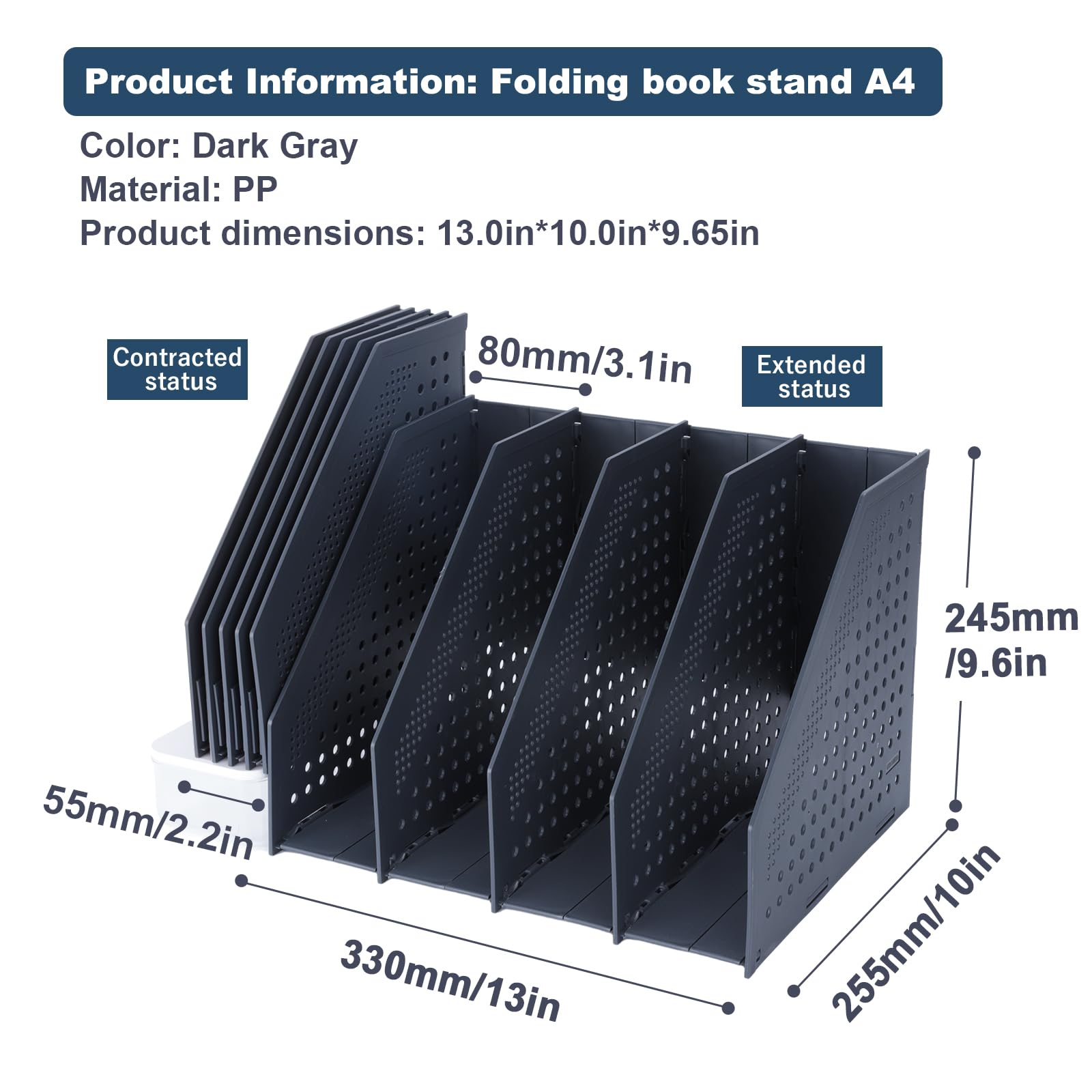 Foldable Magazine File Organizer with 4 Vertical Compartments - Space-Saving Desk Binder Holder, Dark Gray Plastic Shelf Storage for Office, Home & School Use - Perfect for Organizing Documents, Books & Office Supplies