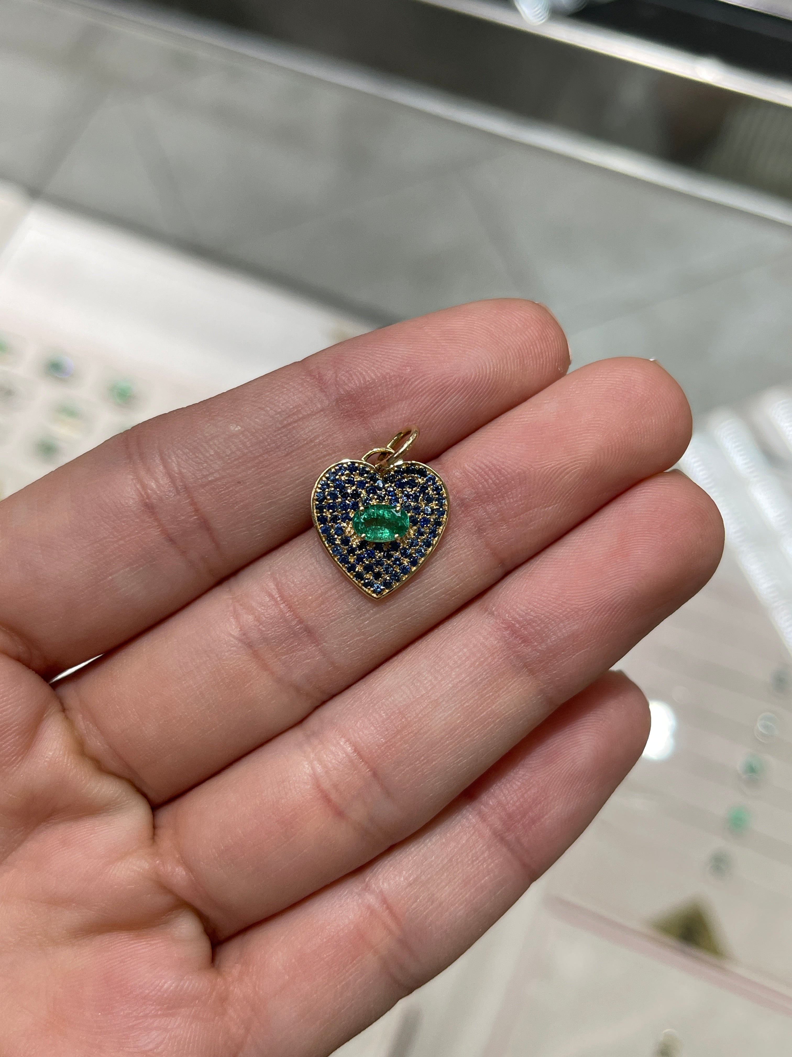 1.10tcw Genuine Emerald & Blue Sapphire Heart Charm Pendant in 14K Gold - Perfect for Valentine's Day Gifts, Anniversary Jewelry & Romantic Occasions