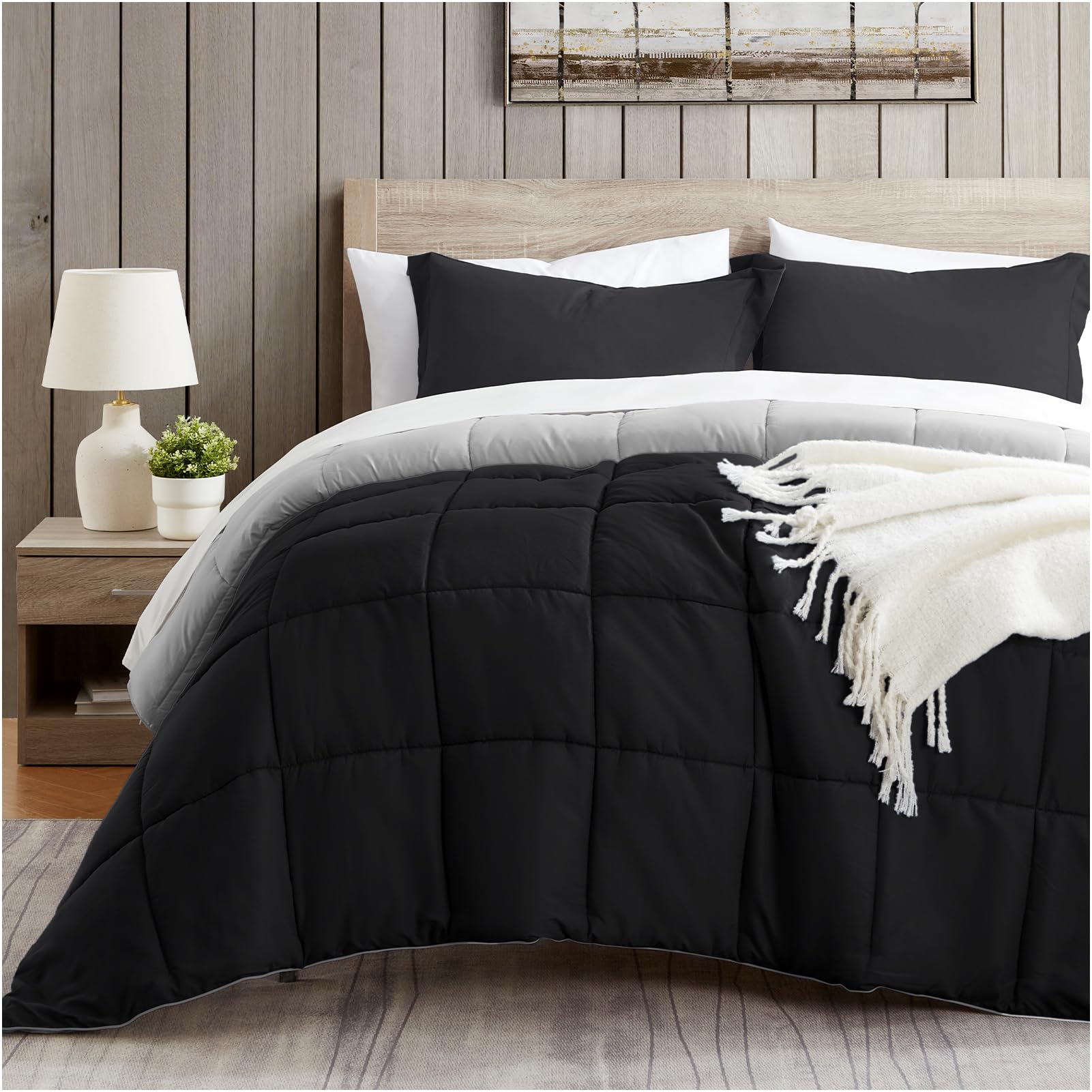 Satisomnia Full Size Comforter Set - 3 Piece Black Down Alternative Bedding | Lightweight, Soft & Breathable Quilted Comforter | Reversible All Season Bed Set for Cozy Sleep | Perfect for Guest Rooms, Dorms & Master Bedrooms