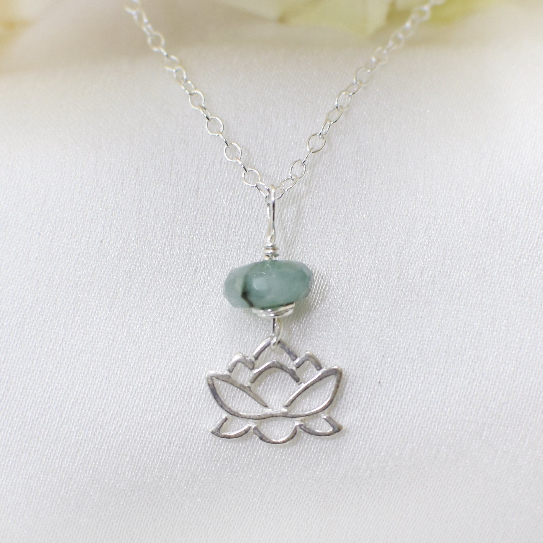 Emerald Bead Lotus Charm Necklace - Sterling Silver Jewelry for Women, Gift for Her, Birthday, Anniversary, Wedding, Party & Special Occasions