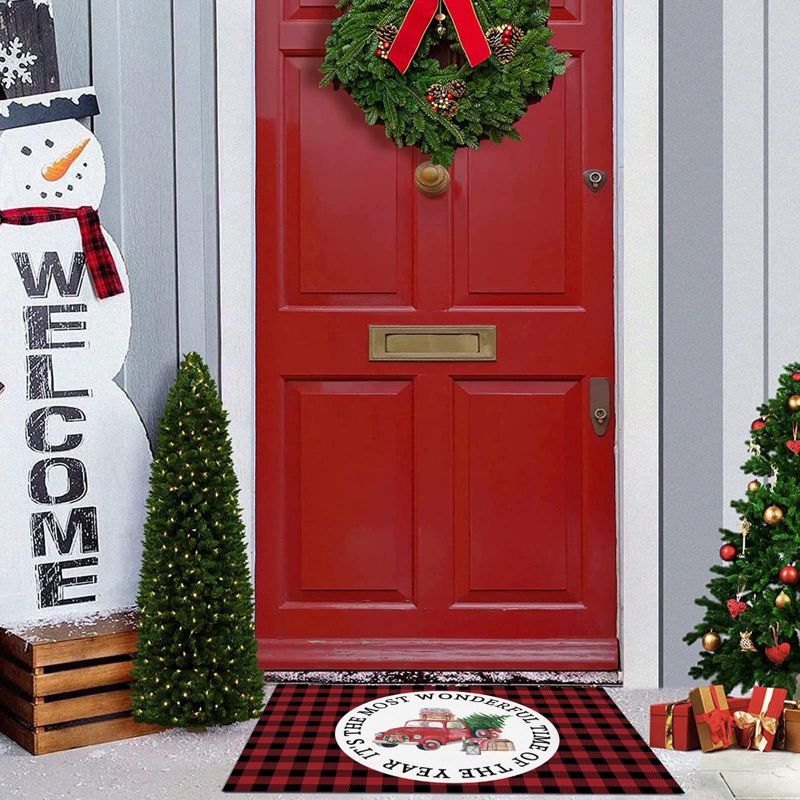 Red Buffalo Plaid Christmas Kitchen Mat - Non-Slip Anti-Fatigue Floor Rug with Holiday Truck Design, Perfect for Standing Desk, Kitchen Runner & Festive Home Decor | Ideal for Christmas Decorations, Cozy Kitchen & Office Use