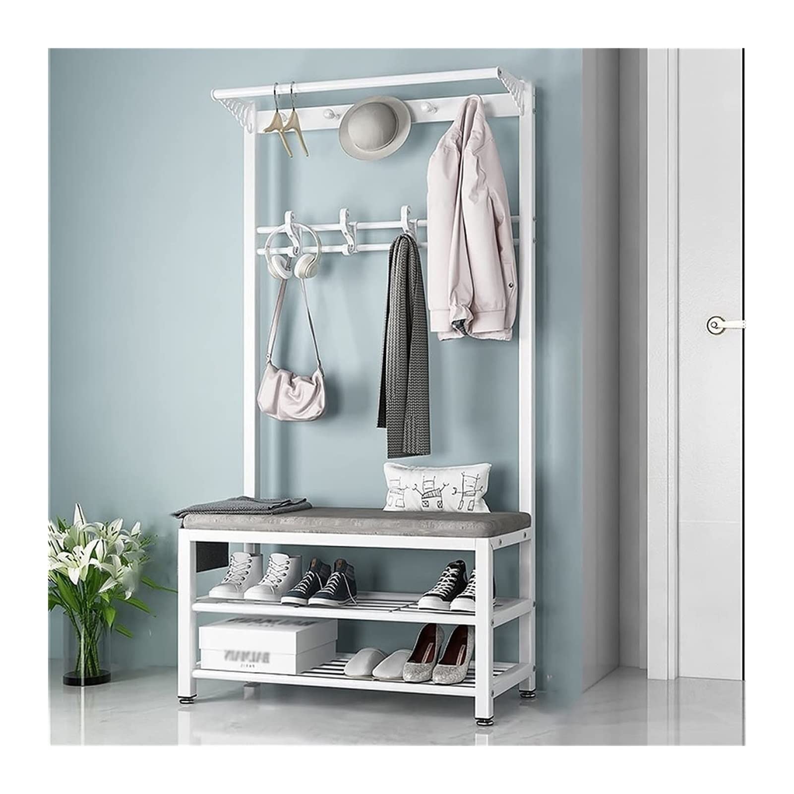 Industrial Hall Tree with Bench & 10 Hooks - Entryway Coat Rack Shoe Storage Organizer, Metal Frame Accent Furniture for Home & Office Entry Organization