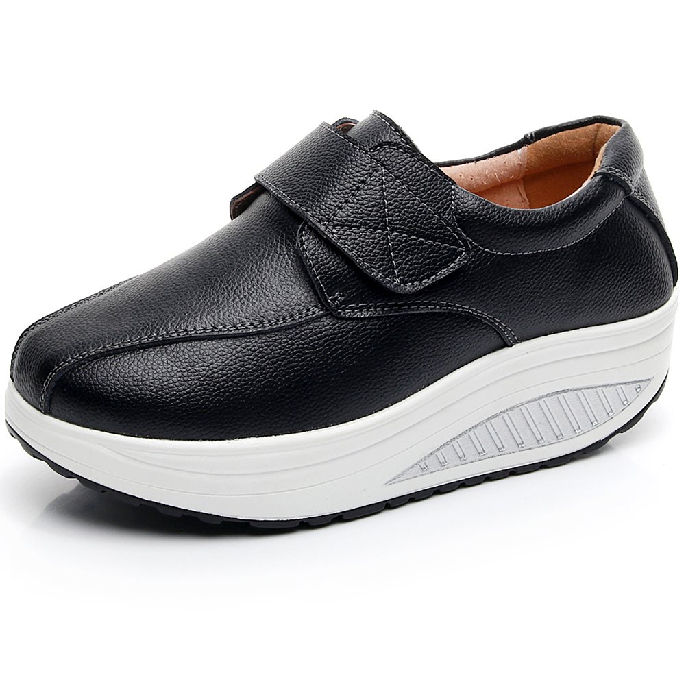 Rismart Women's Comfortable Wedge Rocker Sneakers - Smooth Leather Fashion Fitness Shoes for Walking, Workout & Casual Wear