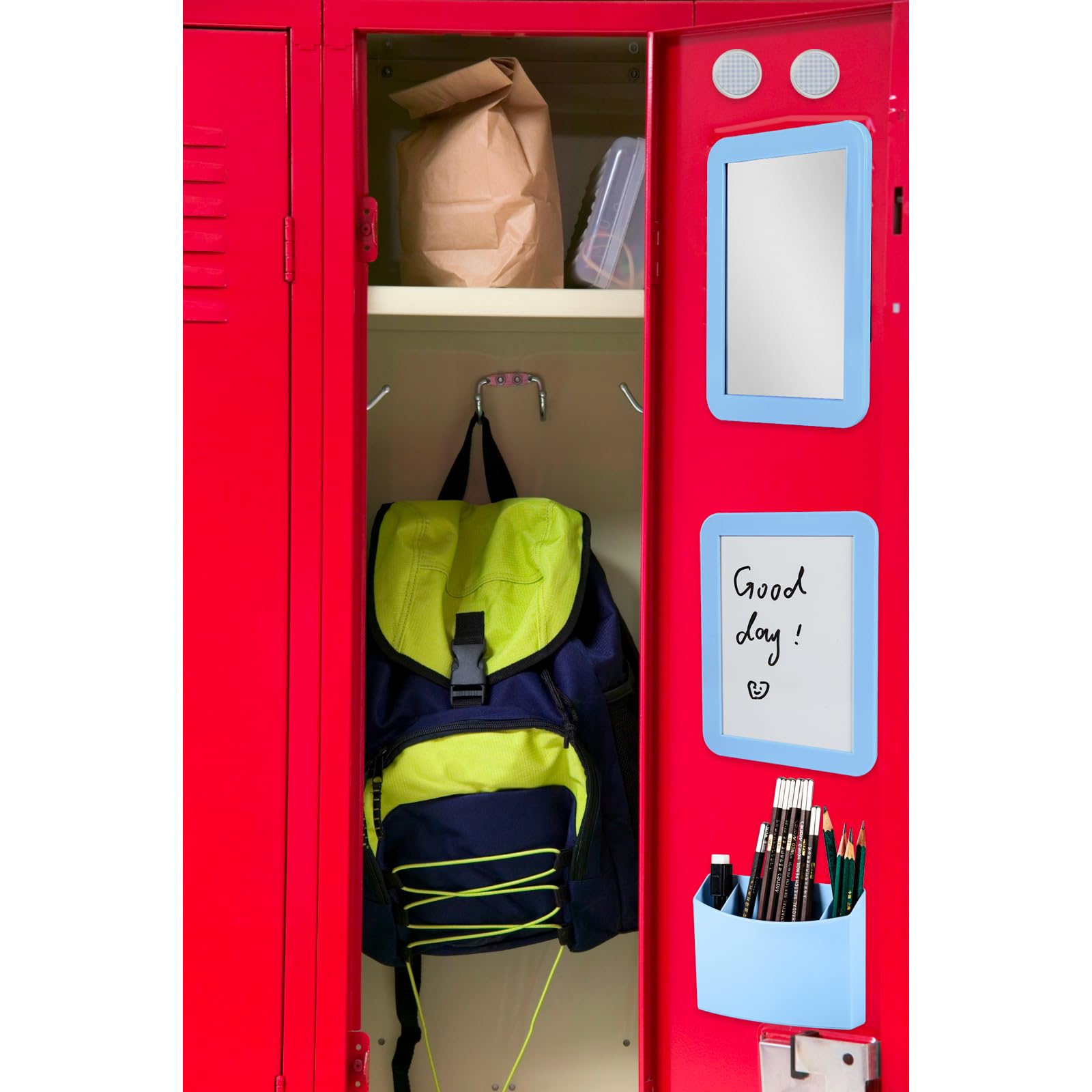 Blue Locker Organizer for Girls with Whiteboard, Mirror & Pen Holder - Stylish School & Office Locker Decor - Perfect for Back to School Supplies, Notes & Daily Organization