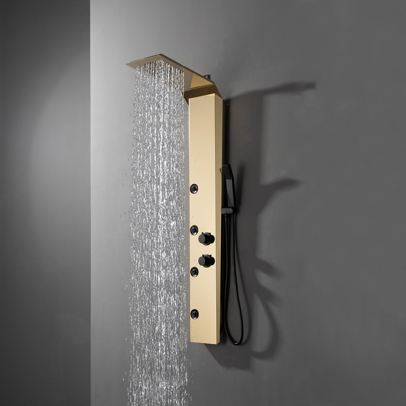 Premium BWE Stainless Steel Shower Panel Tower System - 3-in-1 Multi-Function Shower Panel with Rainfall Shower Head, Massage Body Jets & Handheld Spray - Wall Mounted Polished Gold Shower Column for Luxury Bathroom & Spa Experience
