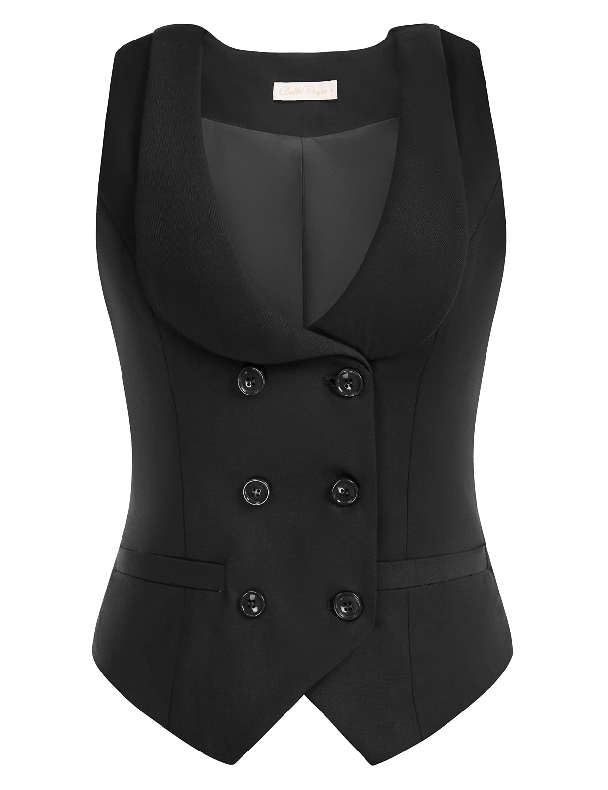 Belle Poque Women's Vintage Double Breasted Waistcoat Vest Coat with Lapel Collar & 2 Pockets - Elegant Office Wear & Formal Outfits for Business & Special Occasions