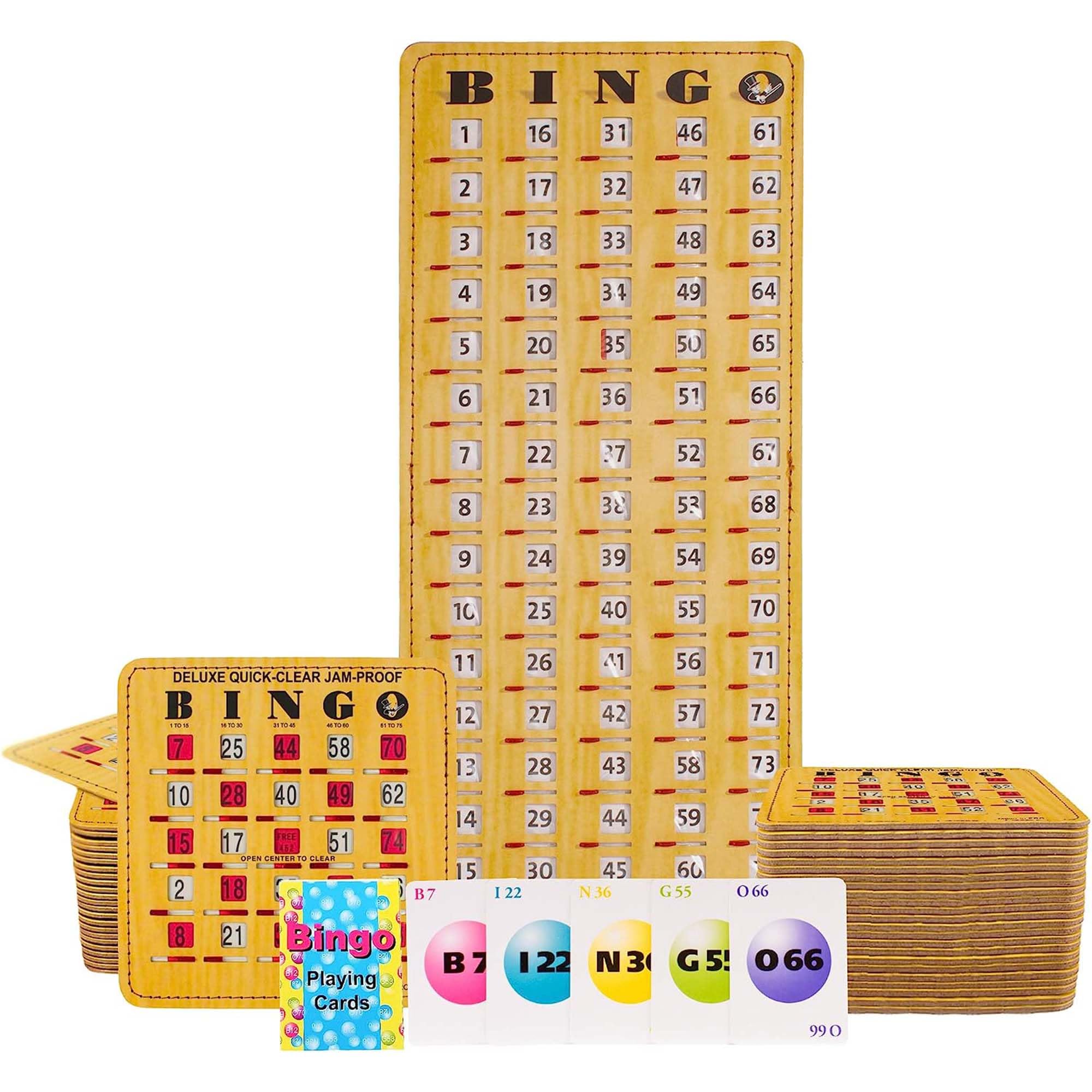 MR CHIPS Jam-Proof Bingo Cards with Sliding Windows - 50 Reusable Shutter Cards, 75 Calling Cards & 1 Master Board in Woodgrain Style - Perfect for Family Game Nights, Bingo Parties, and Classroom Activities