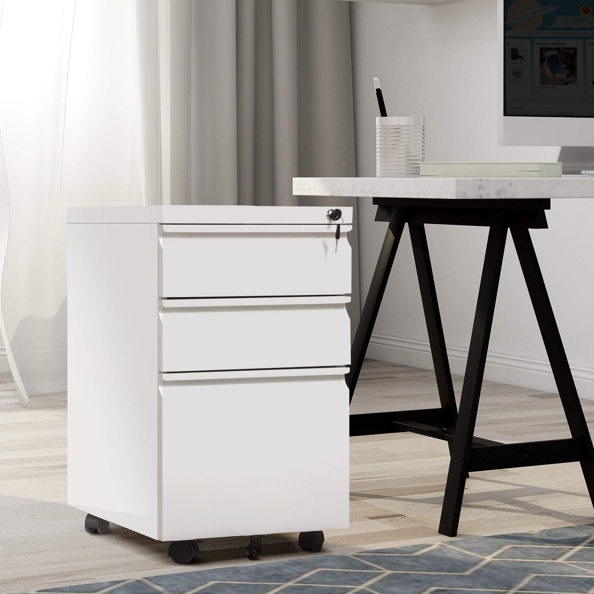 Lockable 3-Drawer Gooseneck Mobile File Cabinet with Wheels - Metal Storage for Legal/Letter/A4 Documents - Home Office Organization & Space Saving Solution (White) - Perfect for Small Spaces, Dorm Rooms & Shared Workspaces