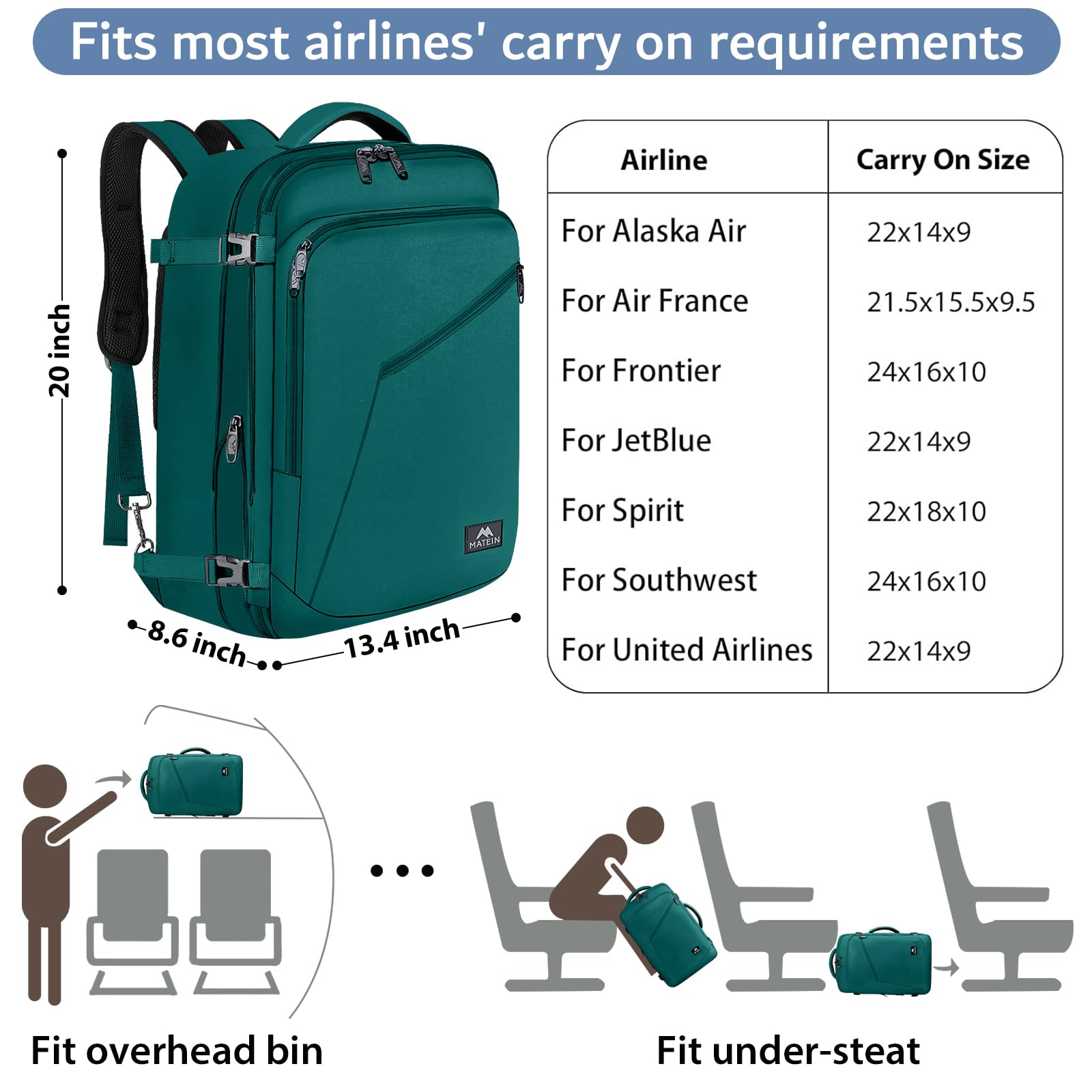 MATEIN Large Travel Backpack - Water Resistant Carry On Backpack for Air Travel, Expandable Lightweight Overnight Daypack with Large Capacity (Peacock Blue) - Perfect for Business Trips, Weekend Getaways & Outdoor Adventures