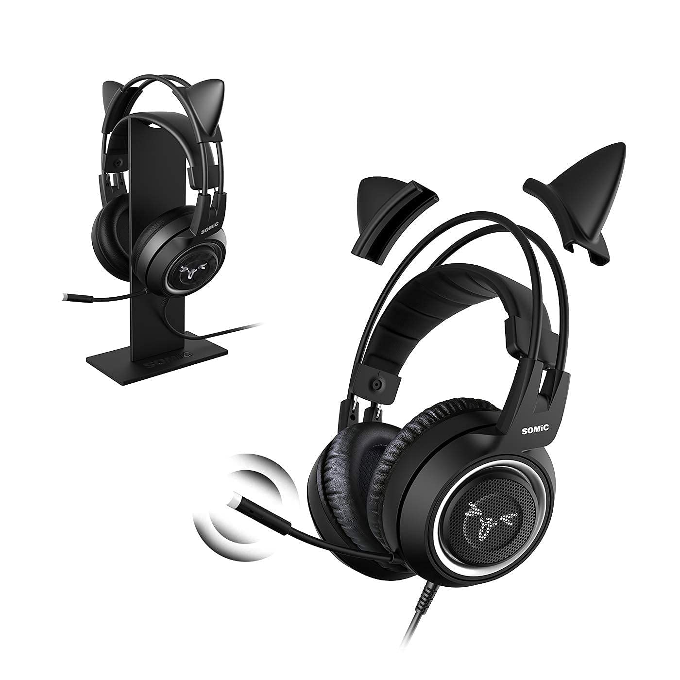 SOMIC G951S Black Cat Ear Gaming Headset with Detachable 3.5mm Cable & Headphone Stand - Compatible with PS4, PS5, Xbox One, PC & Mobile Phones - Perfect for Gaming, Streaming & Online Classes