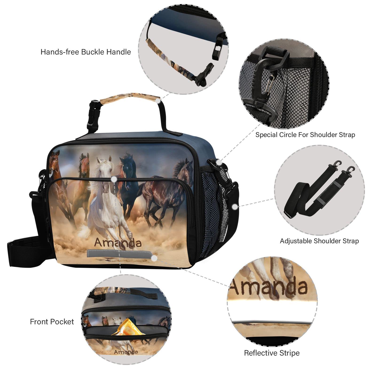 Personalized Horse Lunch Box with Name - Insulated Cooler Bag for Kids, Girls & Boys - Reusable Animal Print Lunch Tote & Shoulder Bag for School, Work, Picnic & Outdoor Activities