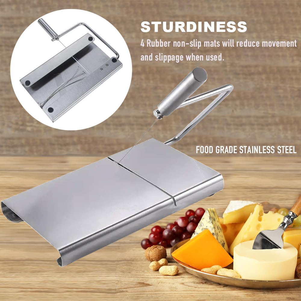 Premium Stainless Steel Cheese Slicer with 5 Replacement Wires - Adjustable Handheld Cheese Cutter for Block Cheese - Includes Cutting Board - Perfect for Kitchen, Party Platters & Charcuterie Boards