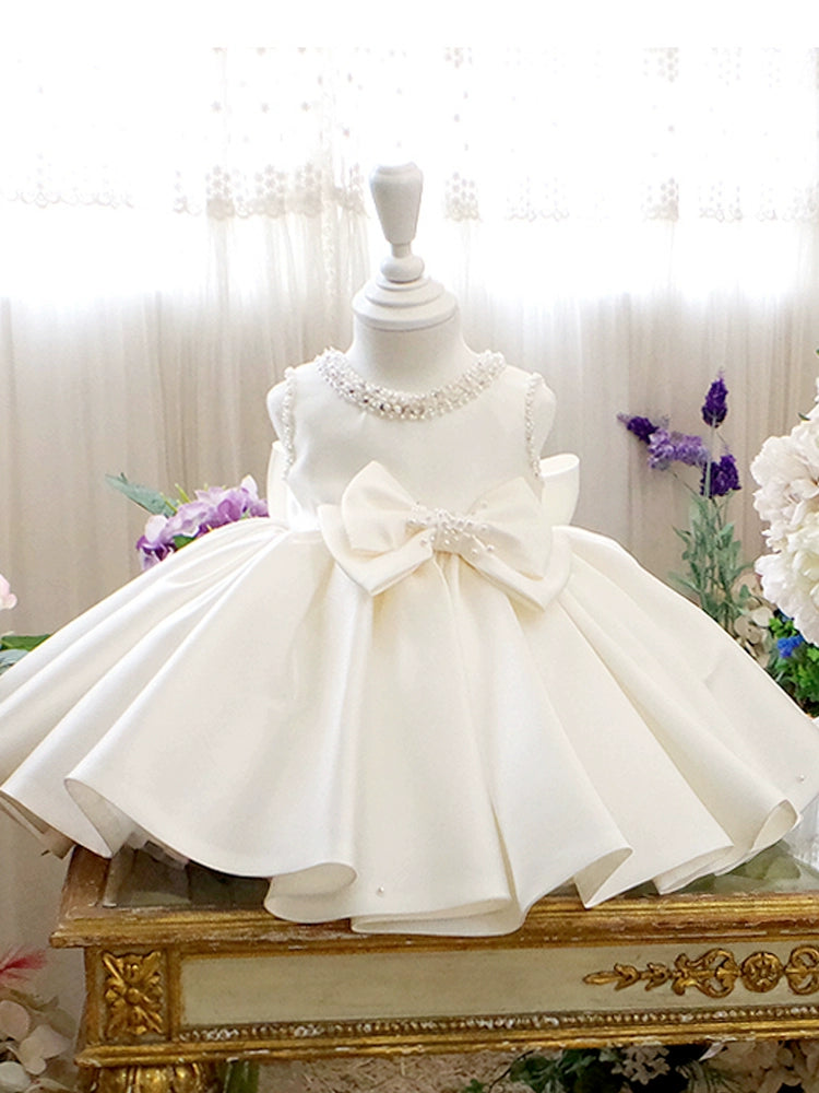 White Princess Round Tea Length Satin Flower Girl Dress for Weddings, Birthday Parties & Special Occasions