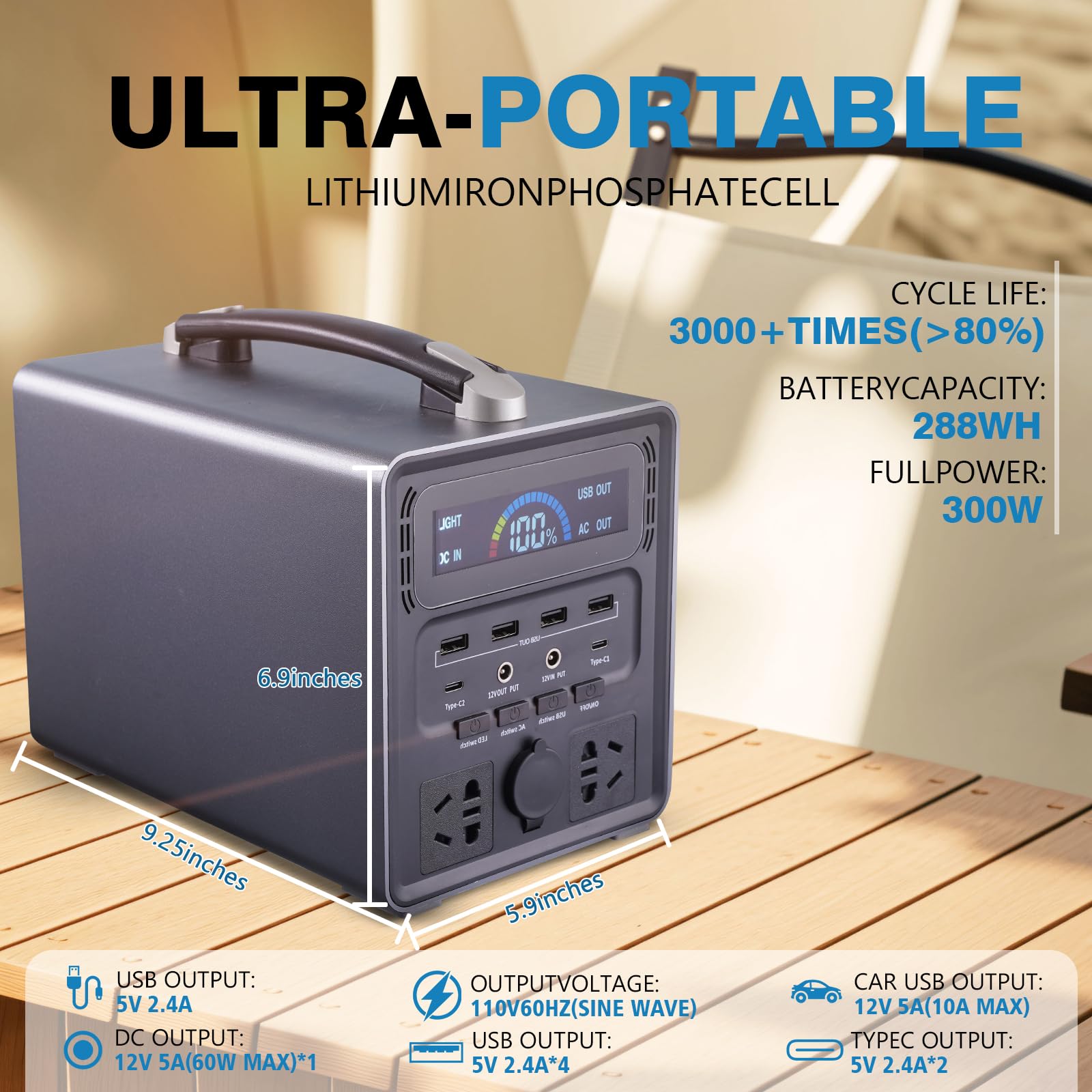 300W Portable Power Station with 288WH Battery - 110V AC Outlet, USB-C, USB-A, DC Ports & LED Flashlight - Compact Solar Generator for Camping, RV Trips, Home Emergency Backup & Outdoor Adventures