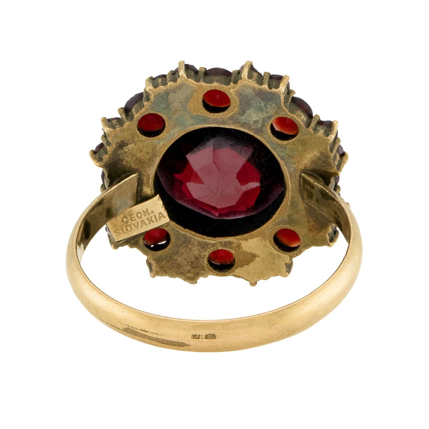 Vintage Art Deco 14k Gold Garnet Cluster Ring - Authentic Czechoslovakian Jewelry for Women, Perfect for Weddings, Parties & Special Occasions