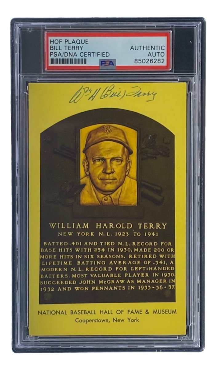 Bill Terry Autographed 4x6 New York Giants Hall of Fame Plaque Card with PSA/DNA Certification #85026282 - Perfect for Sports Memorabilia Collectors and Giants Fans Display