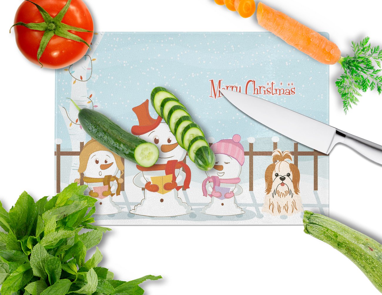 Merry Christmas Carolers Shih Tzu Red White Glass Cutting Board - Large Tempered Glass Kitchen Cutting & Serving Board - Holiday Decor & Food Prep - Perfect for Christmas Entertaining & Cookie Decorating