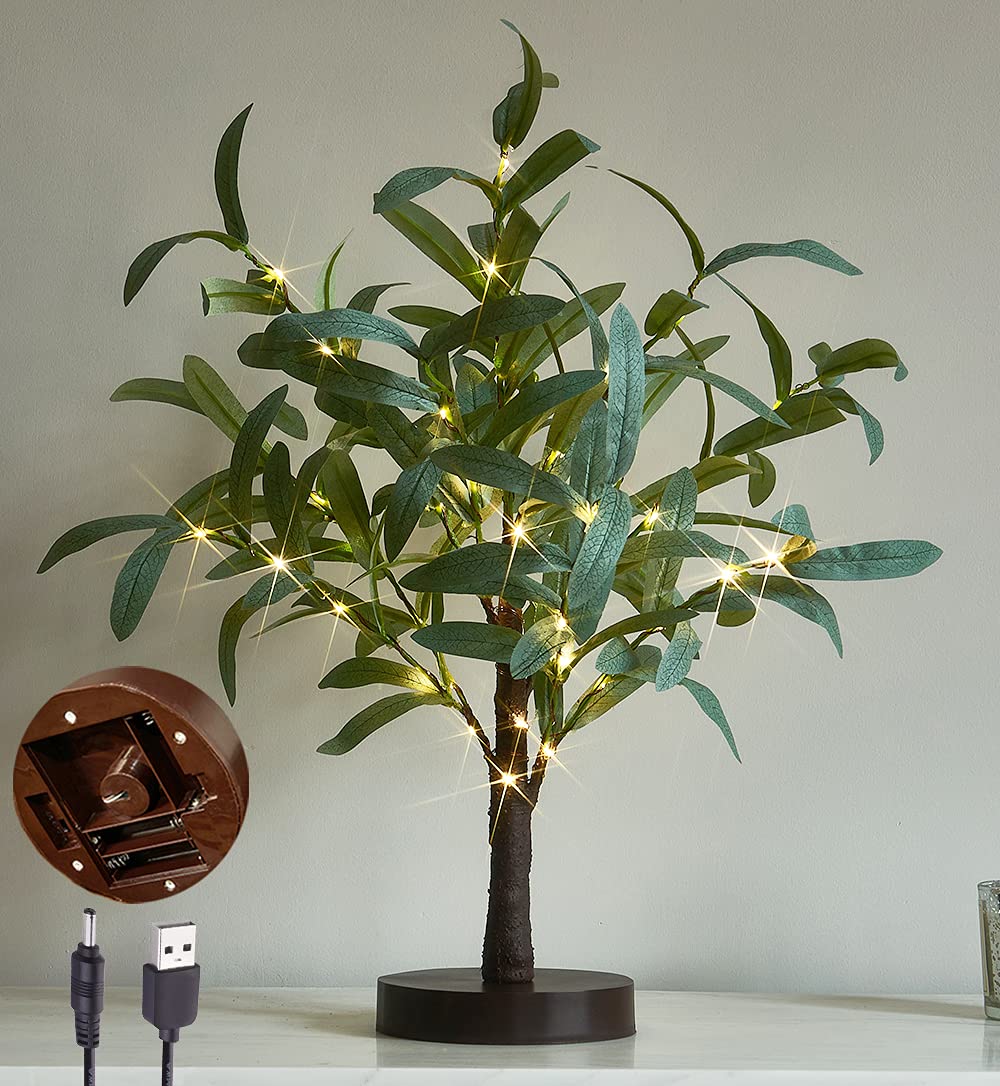 LITBLOOM 18IN LED Lighted Olive Tree with 50 Fairy Lights - Battery Operated & USB Powered Decorative Bonsai with Timer for Wedding, Christmas, Spring Home Decor - Perfect for Living Room, Bedroom, Office & Party Decorations