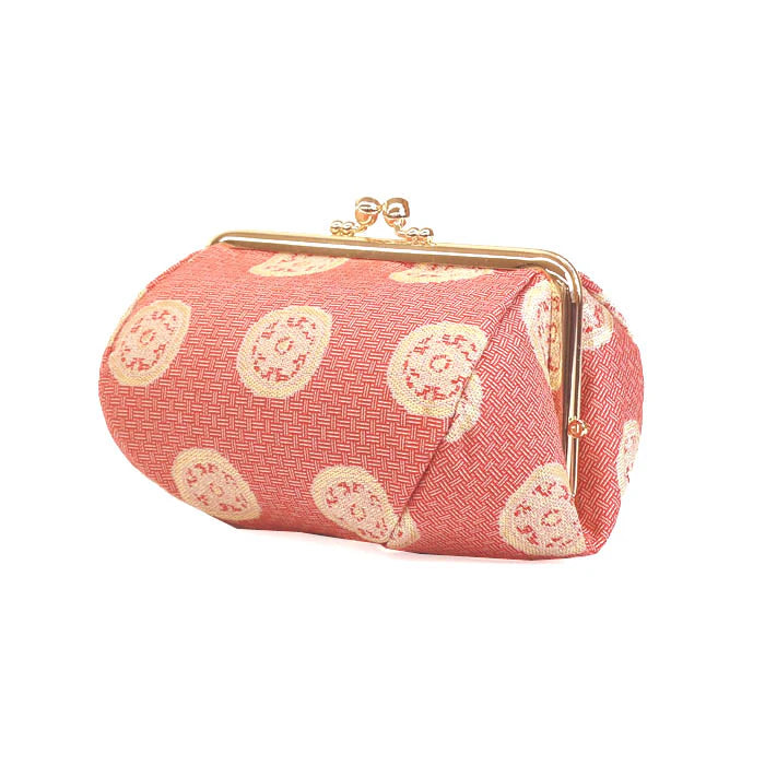 Japanese Nishijin Silk Wheel-Shaped Treasure/Rose Small Pouch - Handmade in Kyoto | Cosmetic Bag, Makeup Organizer, Gamaguchi Pouch for Travel Toiletry & Stationery | Perfect as Bag-in-Bag Organizer for Women's Purse & Daily Essentials