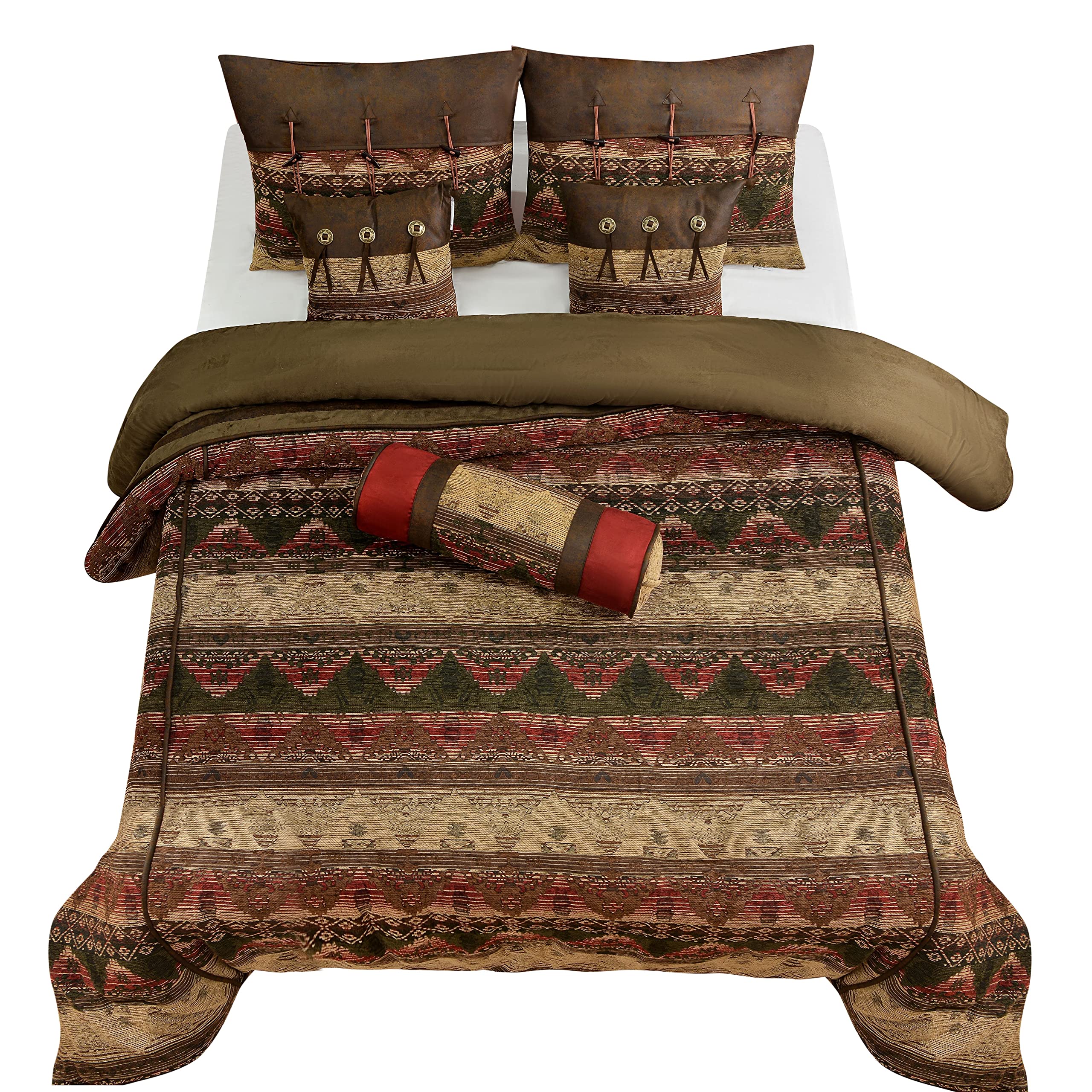 HiEnd Accents Sierra Western 7-Piece Queen Comforter Set - Faux Suede Chenille Jacquard Southwestern Bedding with Bed Skirt, Shams & Accent Pillows | Rustic Home Decor for Bedroom, Guest Room & Cabin Retreat