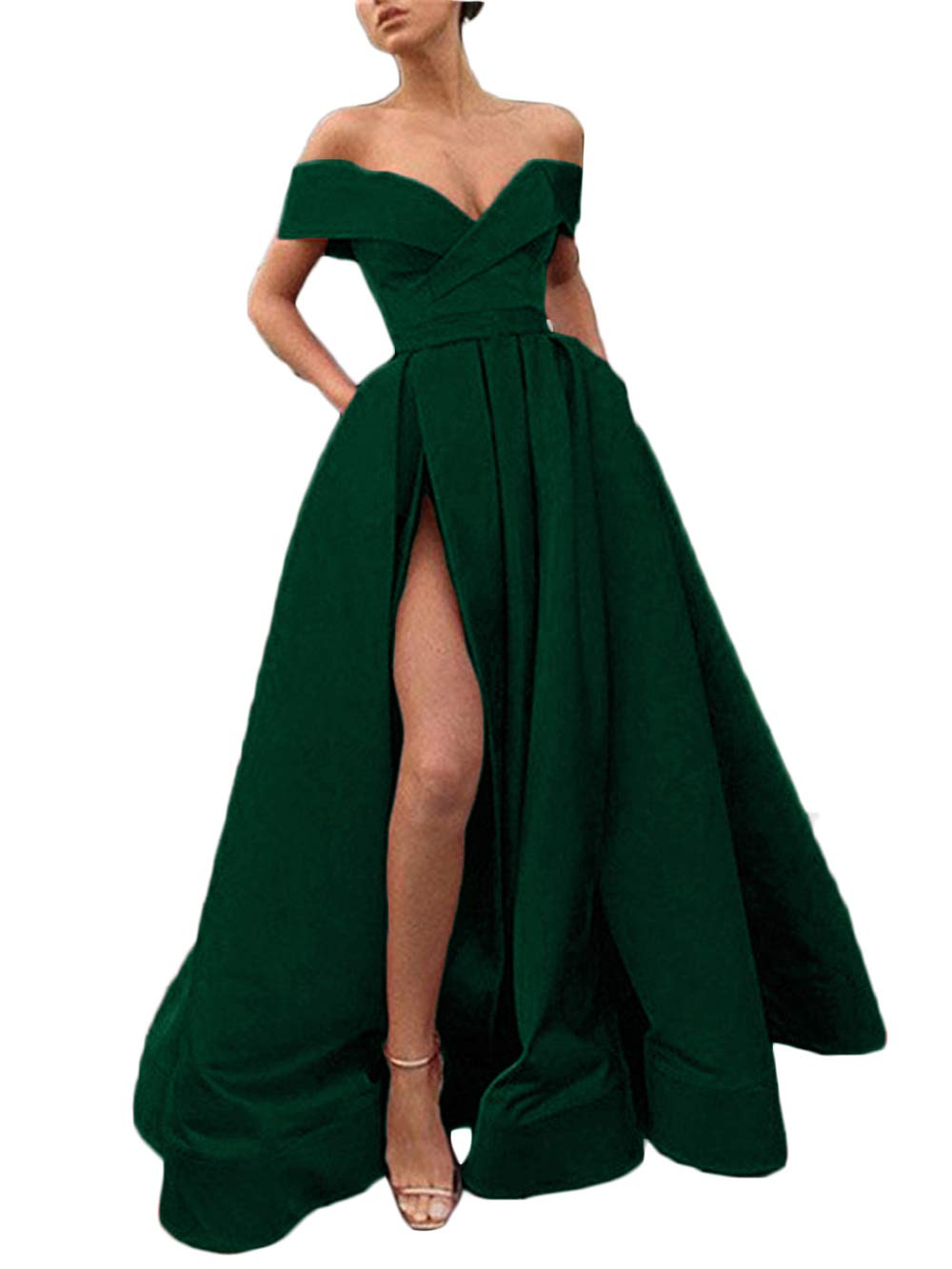 Elegant Women's Off Shoulder High Slit Long Prom Evening Dress with Pockets - Perfect for Formal Dances, Weddings & Special Occasions