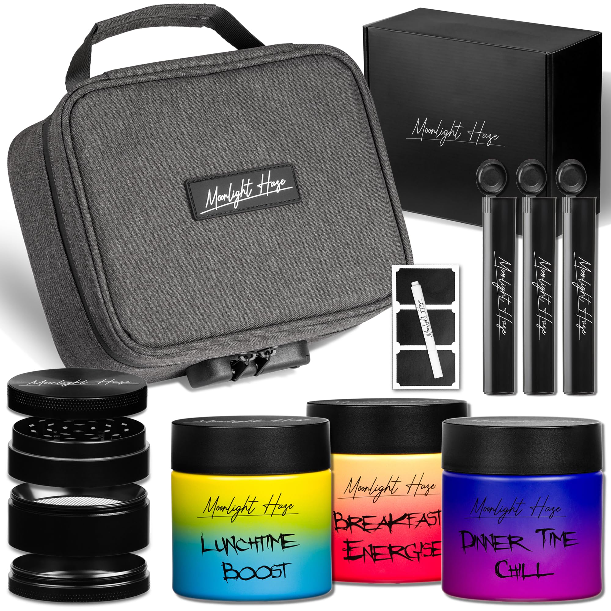 Moonlight Haze Odor Proof Storage Kit - 3 Airtight Smell Proof Jars, Spice Grinder & Travel Lock Bag | Perfect for Cannabis, Herbs, Spices & Travel Essentials | Kitchen, Camping & On-the-Go Use