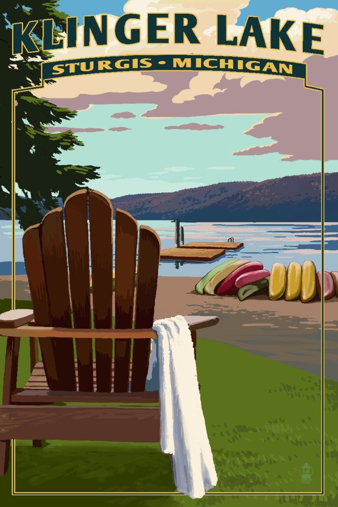 Sturgis Michigan Klinger Lake Adirondack Chairs 24x36 Signed Art Print - Wall Decor Poster for Living Room, Office & Cabin