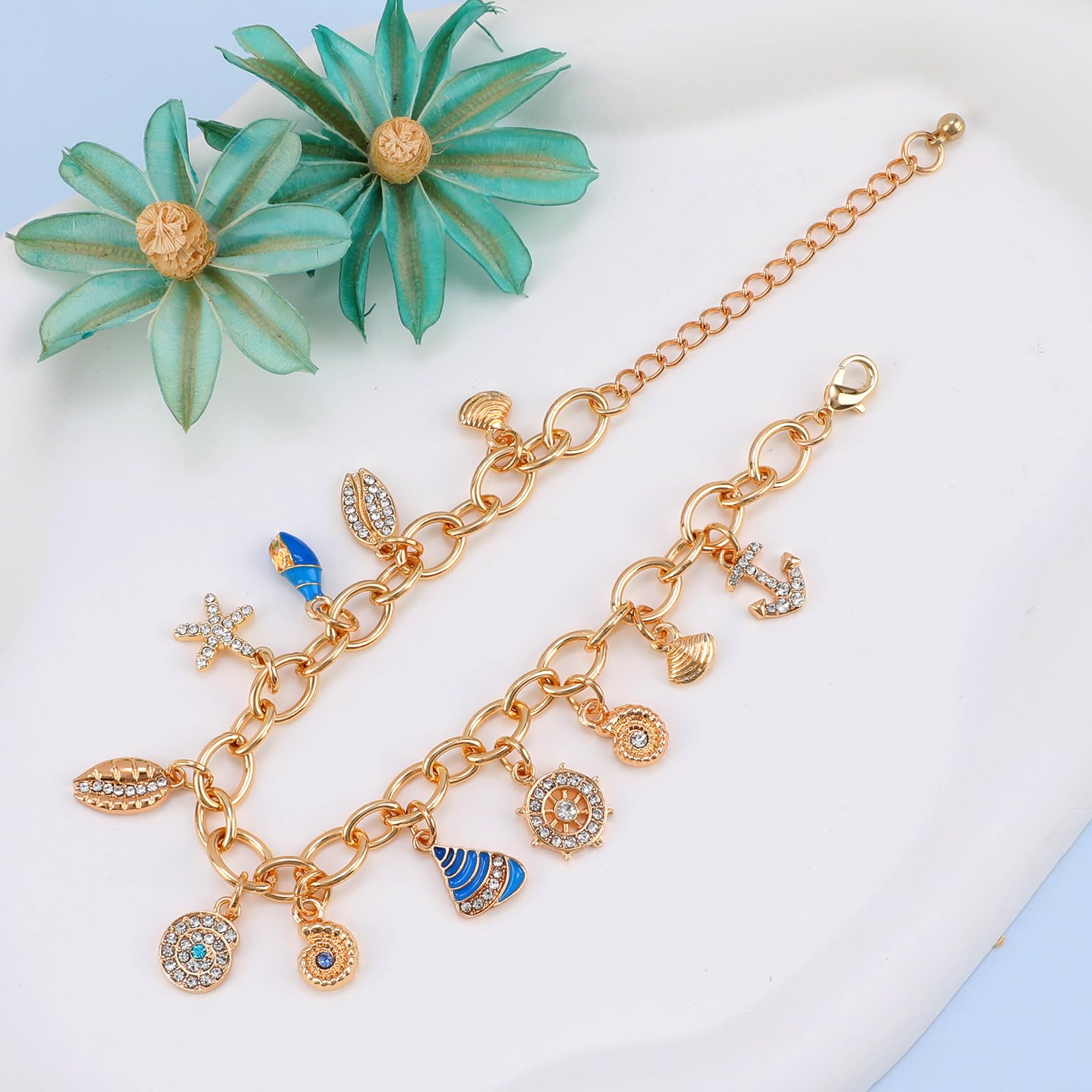 Gold Ocean Charm Bracelet for Women - Adjustable Boho Beach Jewelry with Seashell, Starfish, Conch & Anchor Pendants | Perfect for Summer Vacations, Beach Parties & Boho Fashion Accessories