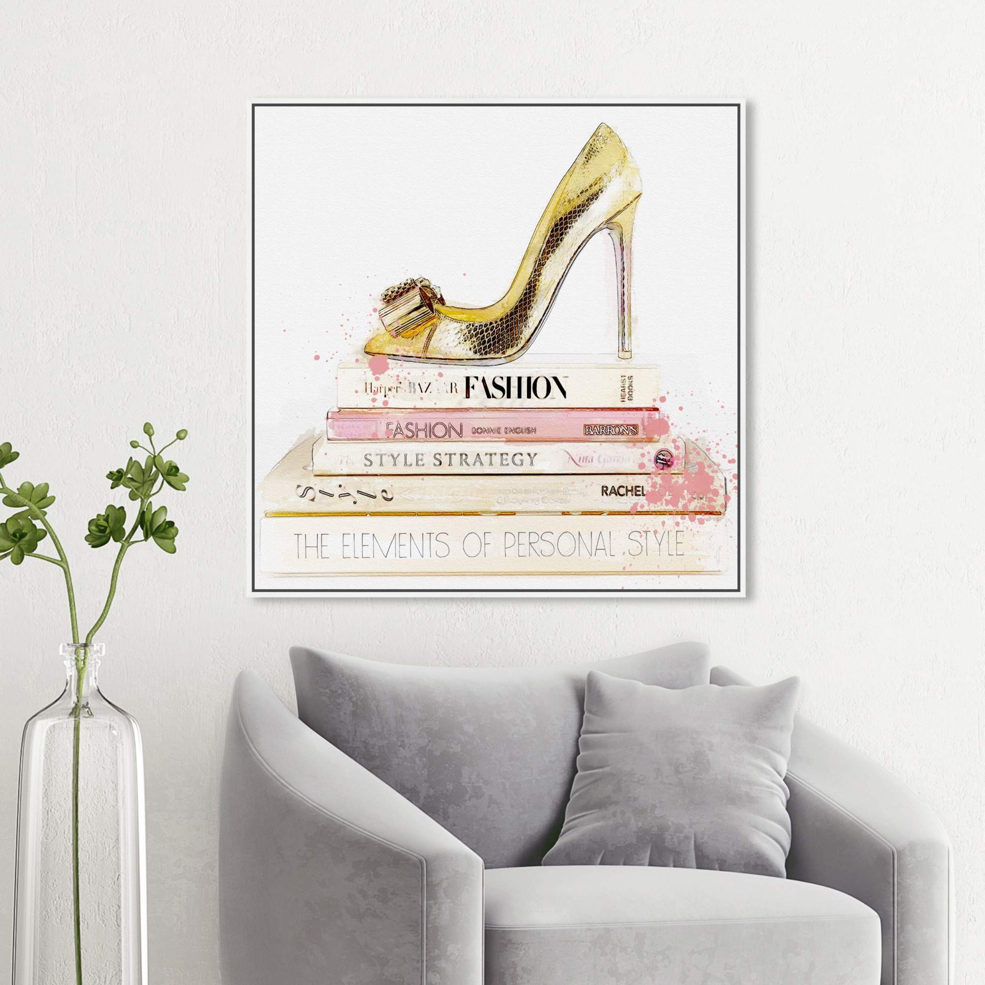 Oliver Gal Artist Co. Fashion & Glam Framed Wall Art Canvas Prints - Shoe & Blush Books Home Décor - 30x30 Inches Gold & White - Perfect for Living Room, Bedroom & Office Decor