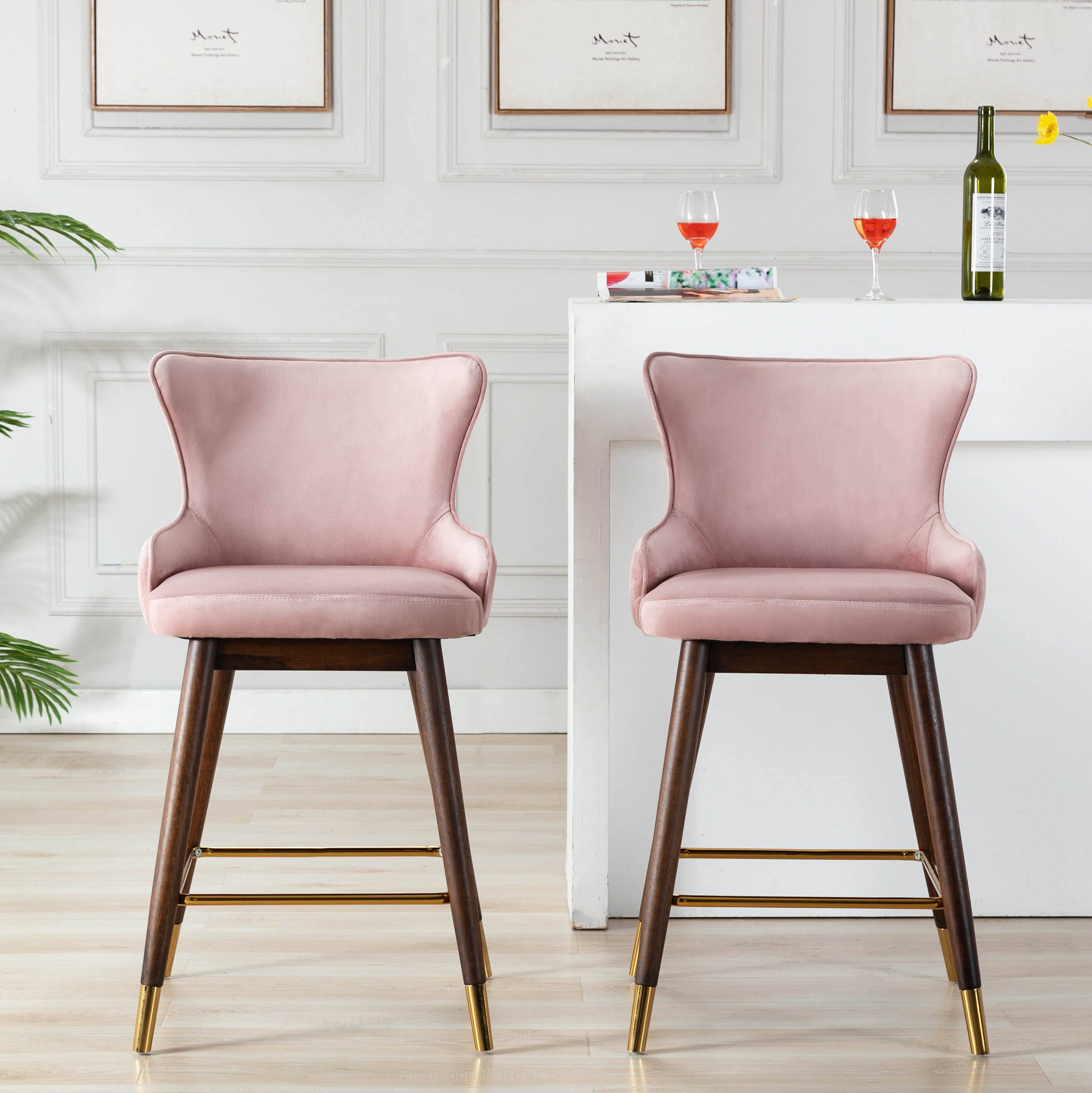 Roundhill Furniture Leland Fabric Upholstered Counter Height Wingback Bar Stools, Pink - Set of 2 for Kitchen Island, Breakfast Nook & Home Decor