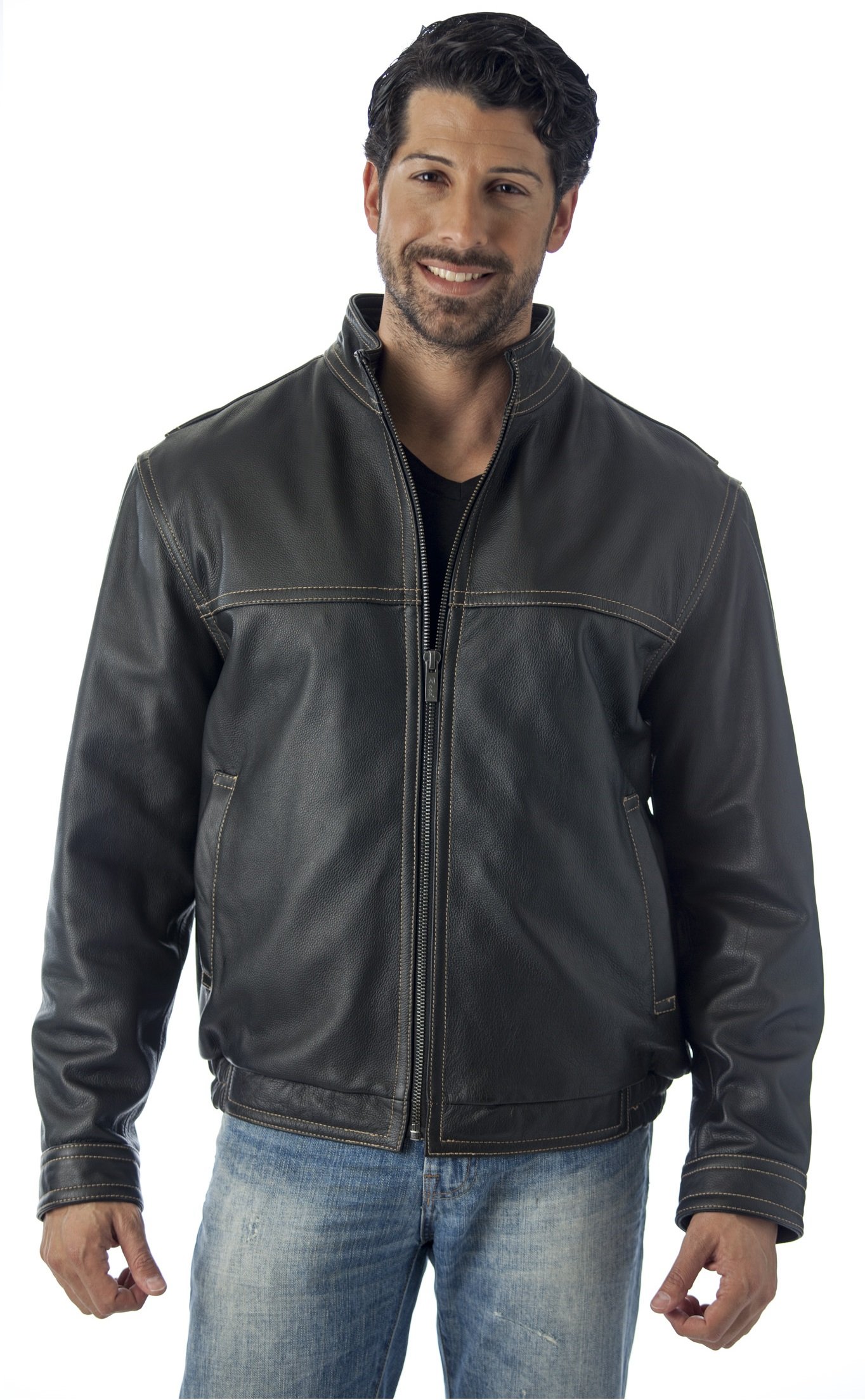 REED Men's Contemporary Stand Up Collar Leather Jacket - Stylish Biker Jacket for Men, Genuine Leather Motorcycle Jacket with Stand Collar - Perfect for Riding, Casual Outings & Night Events