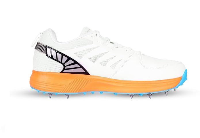 FINO C 01 White & Orange Junior Metal Spikes Cricket Shoes - Lightweight & Durable for Youth Cricket Matches & Practice Sessions