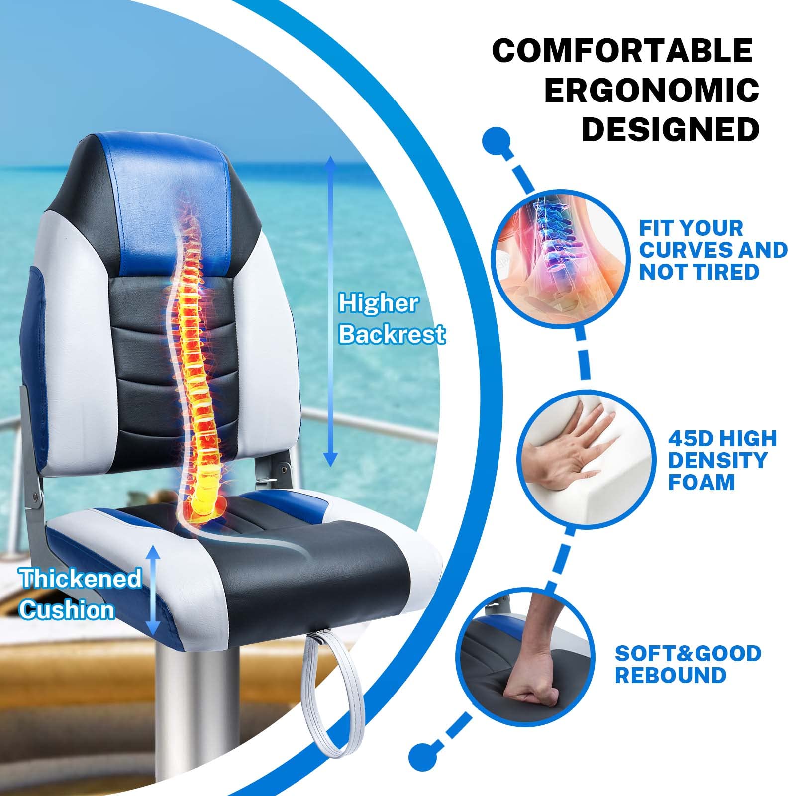Premium 2-Pack Dreizack Folding High Back Fishing Boat Seats - Waterproof Pontoon & Bass Tracker Chairs with Stainless Steel Hardware, Aluminum Hinges & Thickened Cushion - Perfect for Fishing, Boating & Marine Adventures