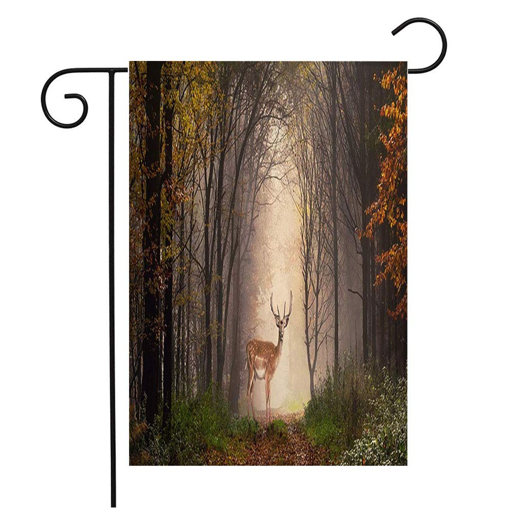 12x18 Inch Seasonal Welcome Garden Flag - Fall Winter Deer Standing in Autumn Misty Forest Scene for Patio Lawn Outdoor Home Decor | Perfect for Holiday Gifts & Nature-Inspired Yard Displays