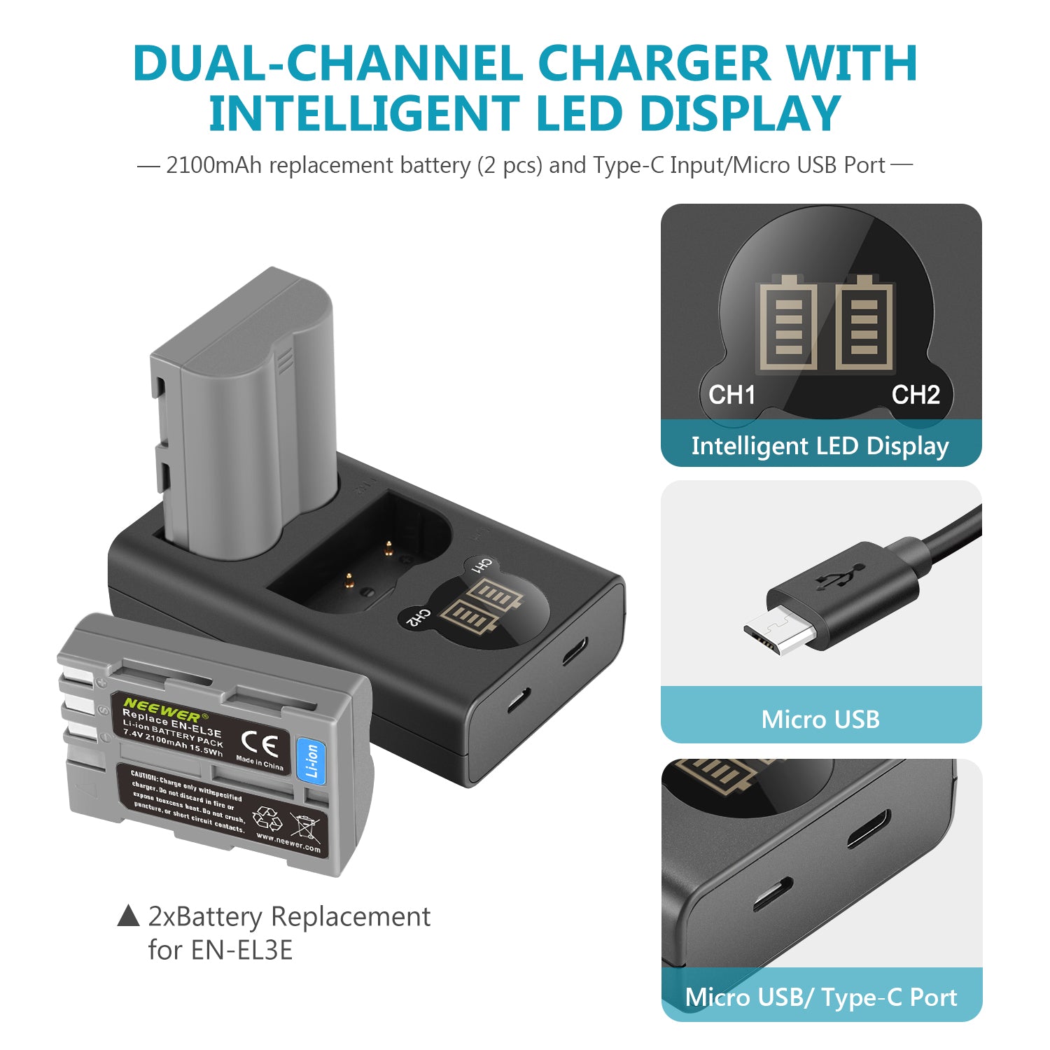 NEEWER 2 Pack EN-EL3E Replacement Battery Charger Set for Nikon D50 D70 D100 D200 Digital Cameras - Perfect for Travel & Professional Photography