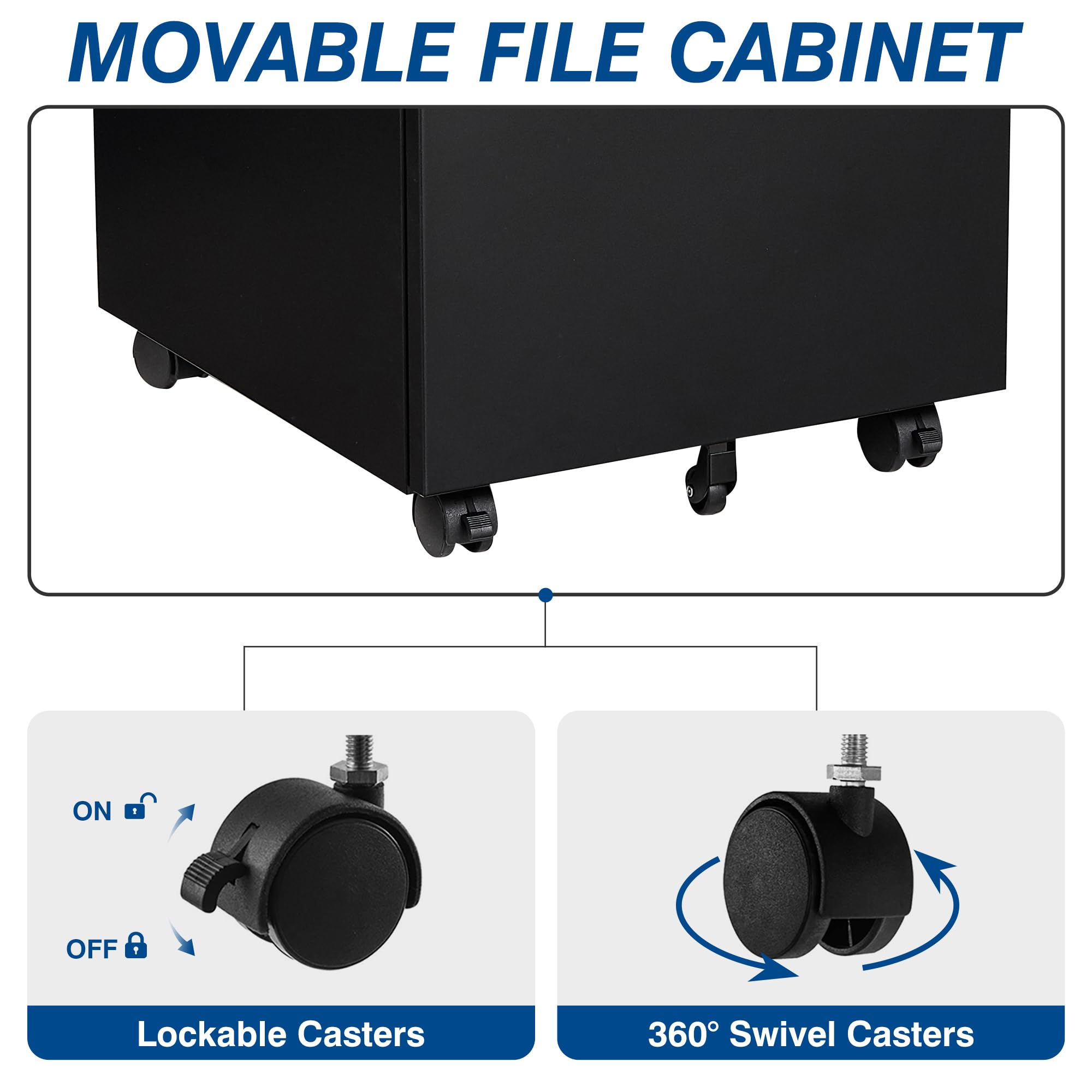 3 Drawer Vertical File Cabinet Black - Mobile Locking Storage for Legal & Letter Size Documents - Pre-Assembled Office File Cabinet with Wheels - Perfect for Under Desk Organization & Home Office Storage