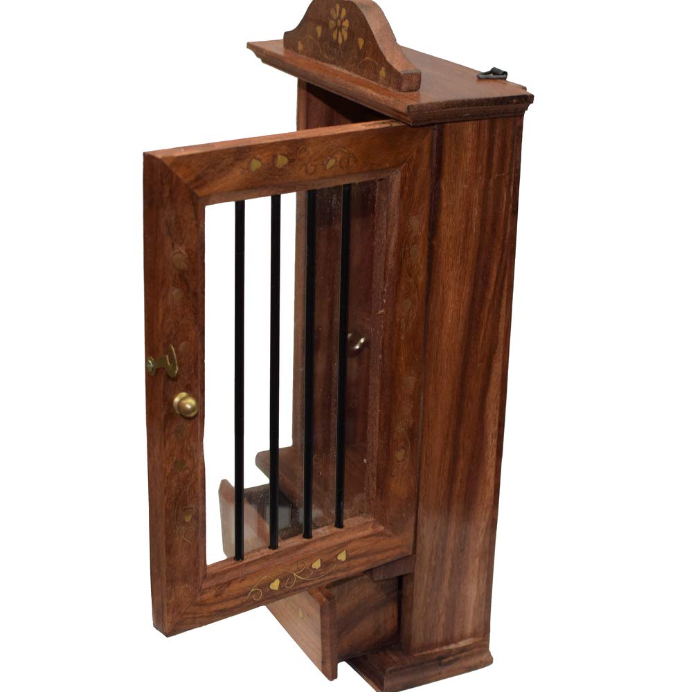 Premium Rosewood Key Holder with 6 Hooks & Glass Front Storage - Handcrafted Wooden Wall Organizer for Home, Office & Entryway Organization