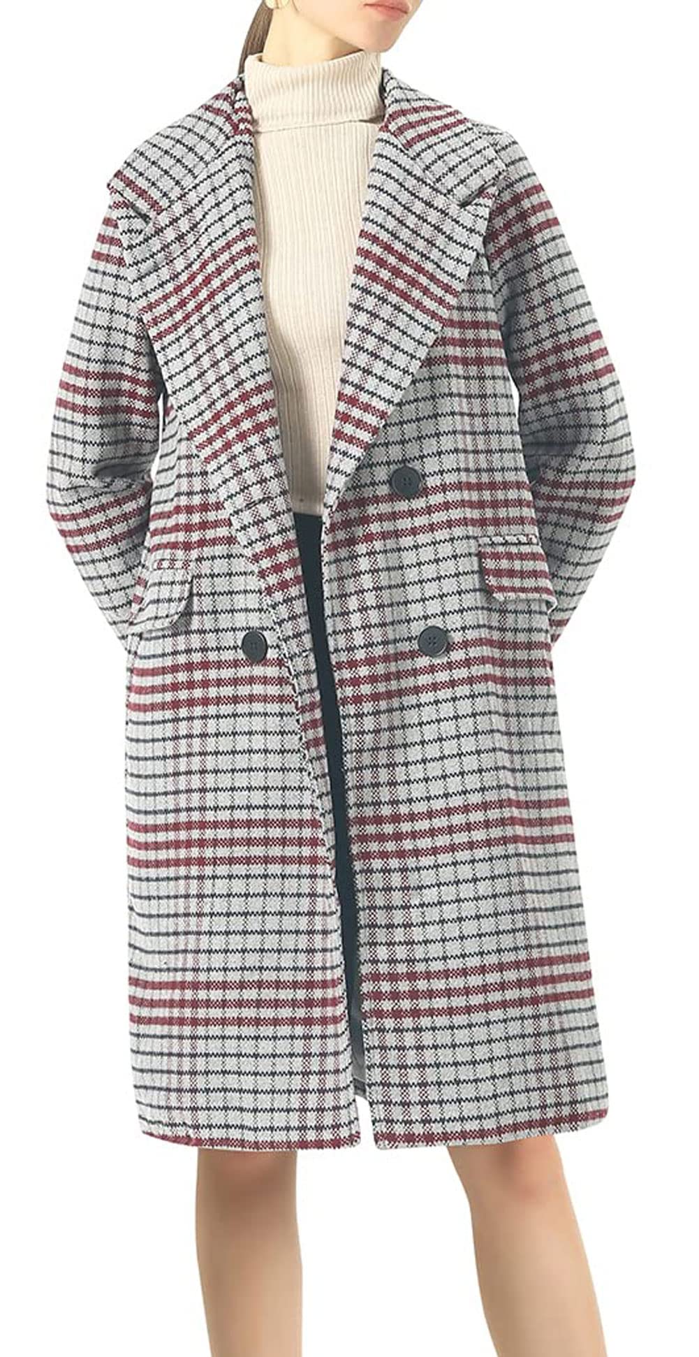 Loveimgs Women's Stylish Plaid Wool Pea Coat - Double Breasted Long Trench Jacket for Office, Dating & Winter Fashion