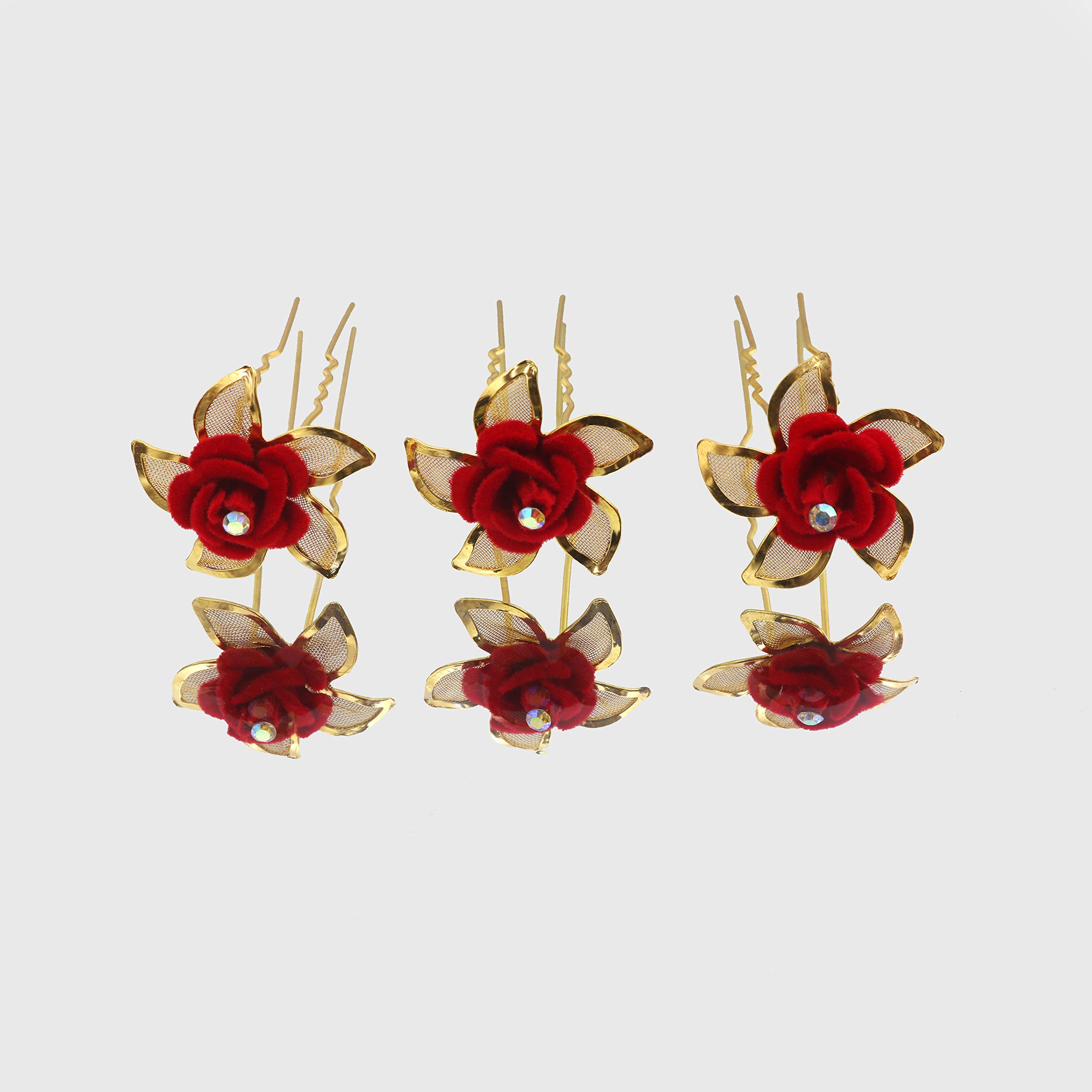 Paradise® Hair Pins for Women - Elegant Bridal Hair Accessories for Women & Girls - Large Juda Pins in Red & Gold - Perfect for Weddings, Prom & Special Occasions