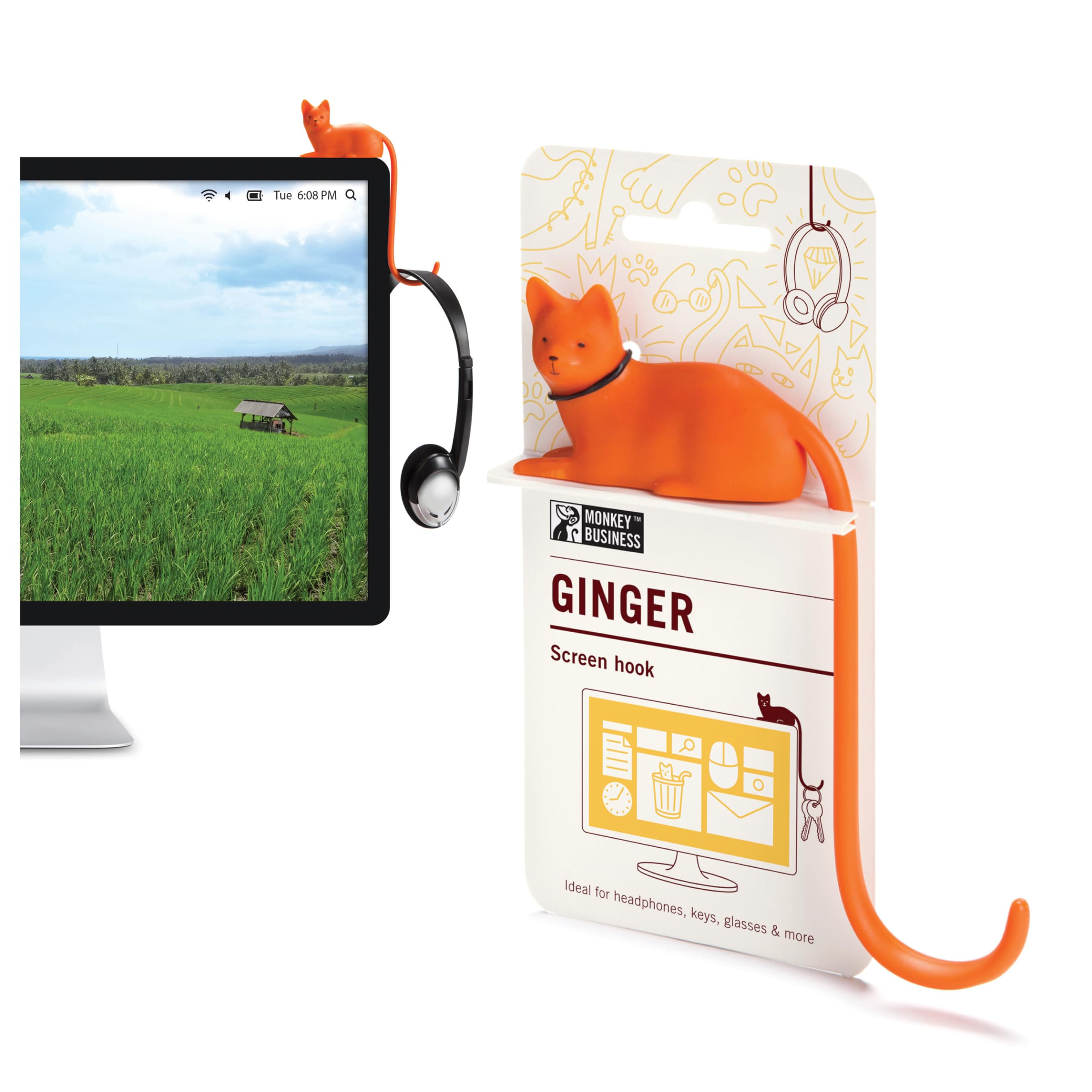 Monkey Business Ginger Cat Tail Hook - Adhesive Desk Organizer for Headphones, Keys, Cables & Accessories | Space-Saving Computer Screen & Workspace Decoration