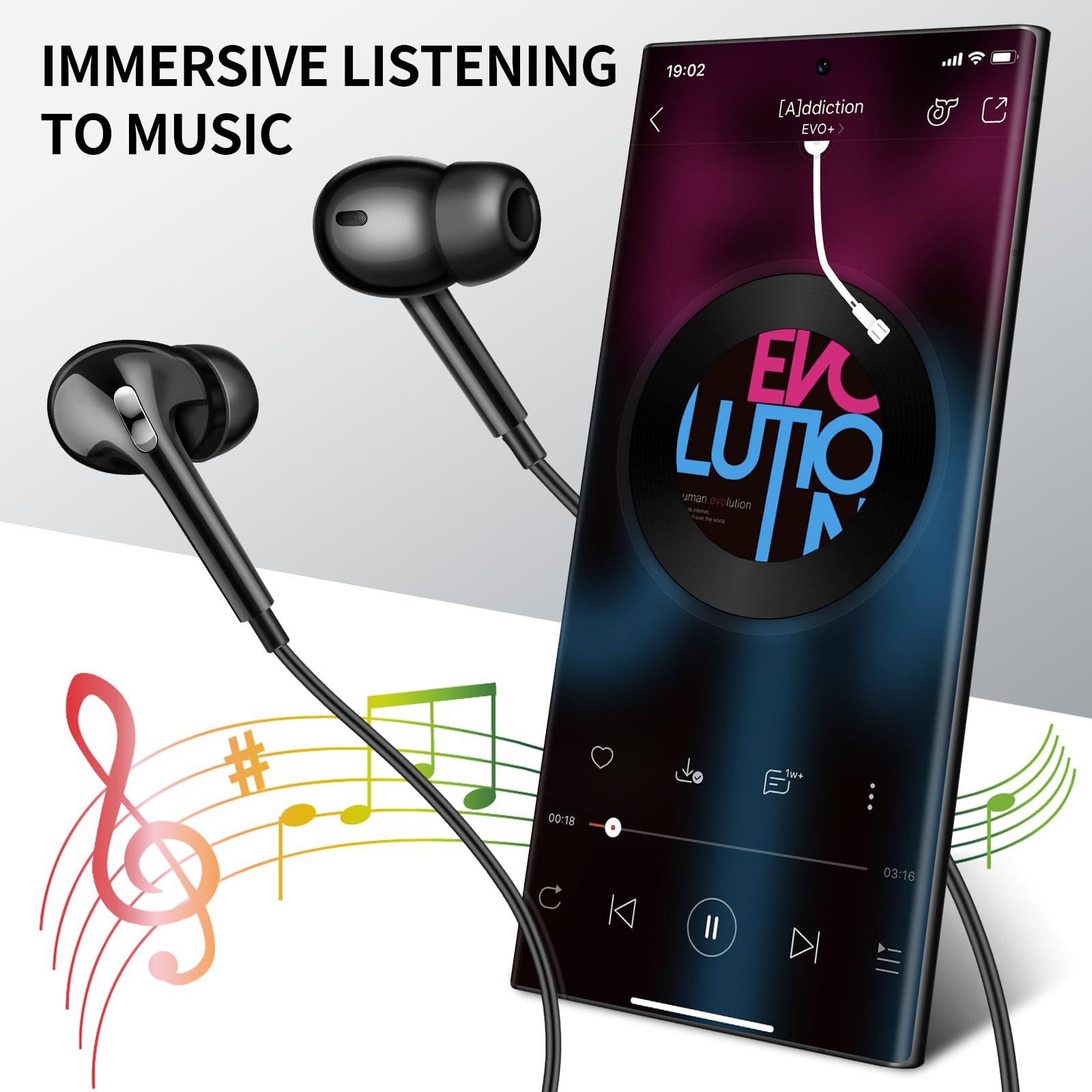 Premium Wired Earbuds with Noise Cancelling Mic - Compatible with iPhone 16/15/14/13/12, Samsung Galaxy S25/S24/Z Flip5/4/3/S23/S22 (USB-C) - Black In-Ear Headphones for Workouts, Commuting & Gaming