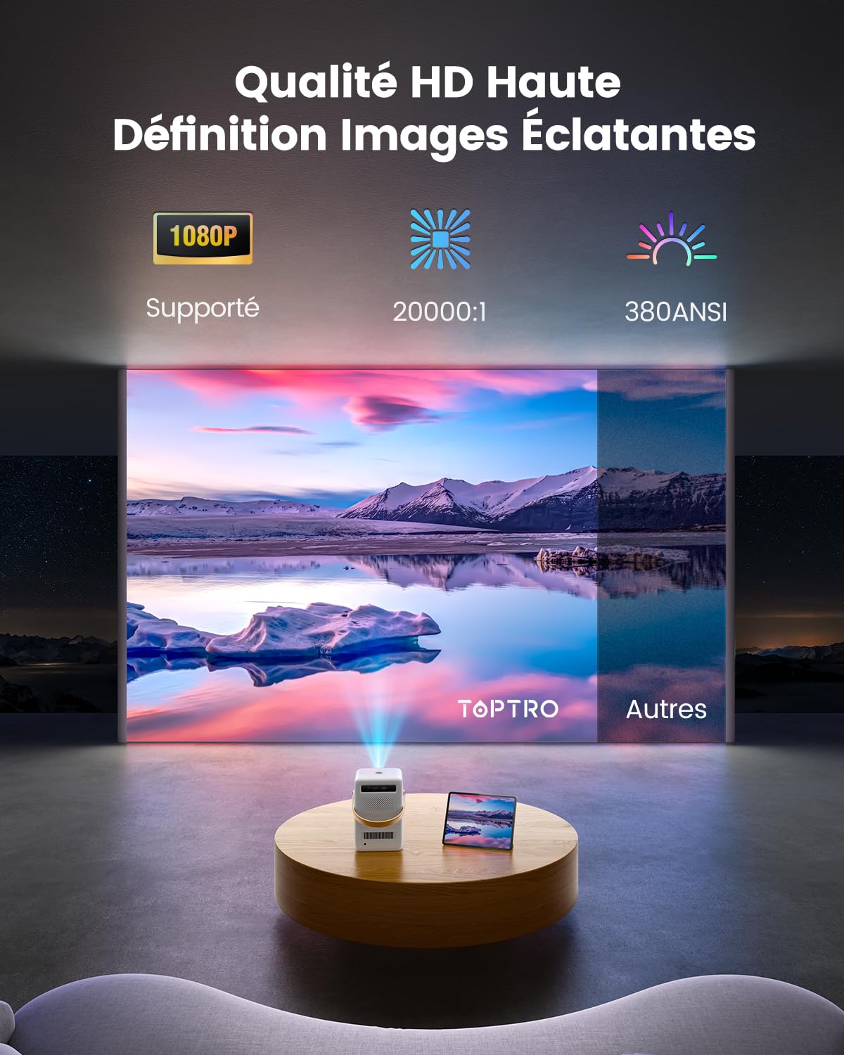 TOPTRO Portable Projector with 5G WiFi & Bluetooth - 1080P FHD Video Projector, 380 ANSI Lumens, Auto Keystone & Electric Focus - Android TV & Battery Powered for Outdoor Movies & Home Cinema