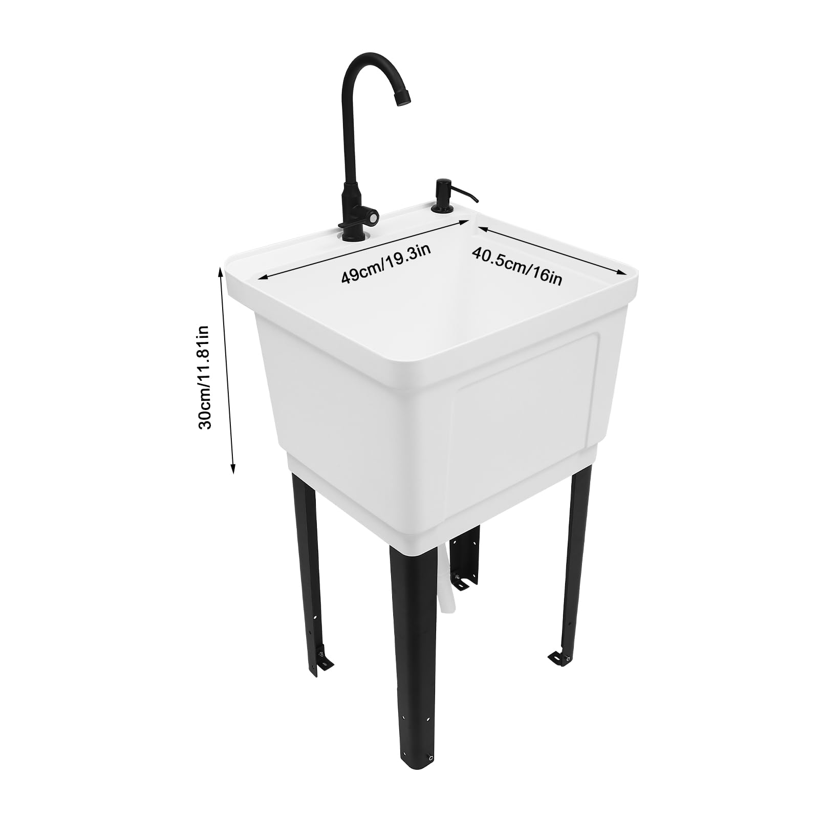 Space Saving Utility Sink with Rotatable Faucet & Soap Dispenser - Freestanding Laundry Tub for Washing Room, Basement, Garage or Workshop (White) - Perfect for Small Spaces, Hand Washing Clothes, and Cleaning Tools