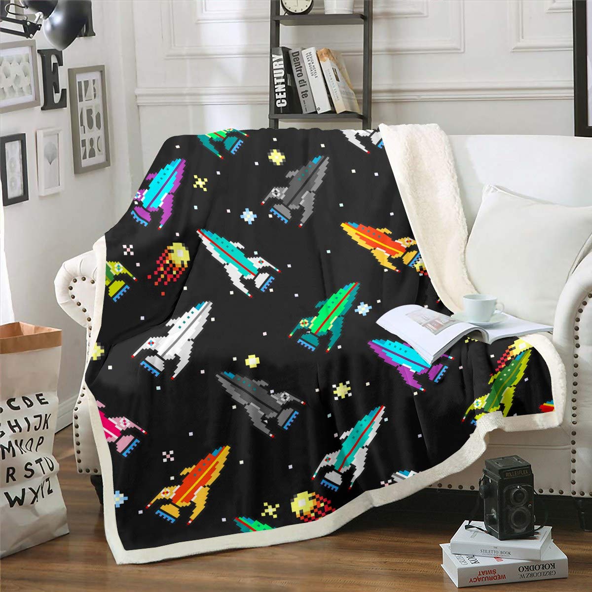 Feelyou Boys Space Rocket Plush Blanket - Soft Fleece & Sherpa Throw Blanket for Kids, 90x90 Inches, Galaxy Pixel Design - Perfect for Bedroom, Sofa, Couch Decor & Outer Space Adventure Theme