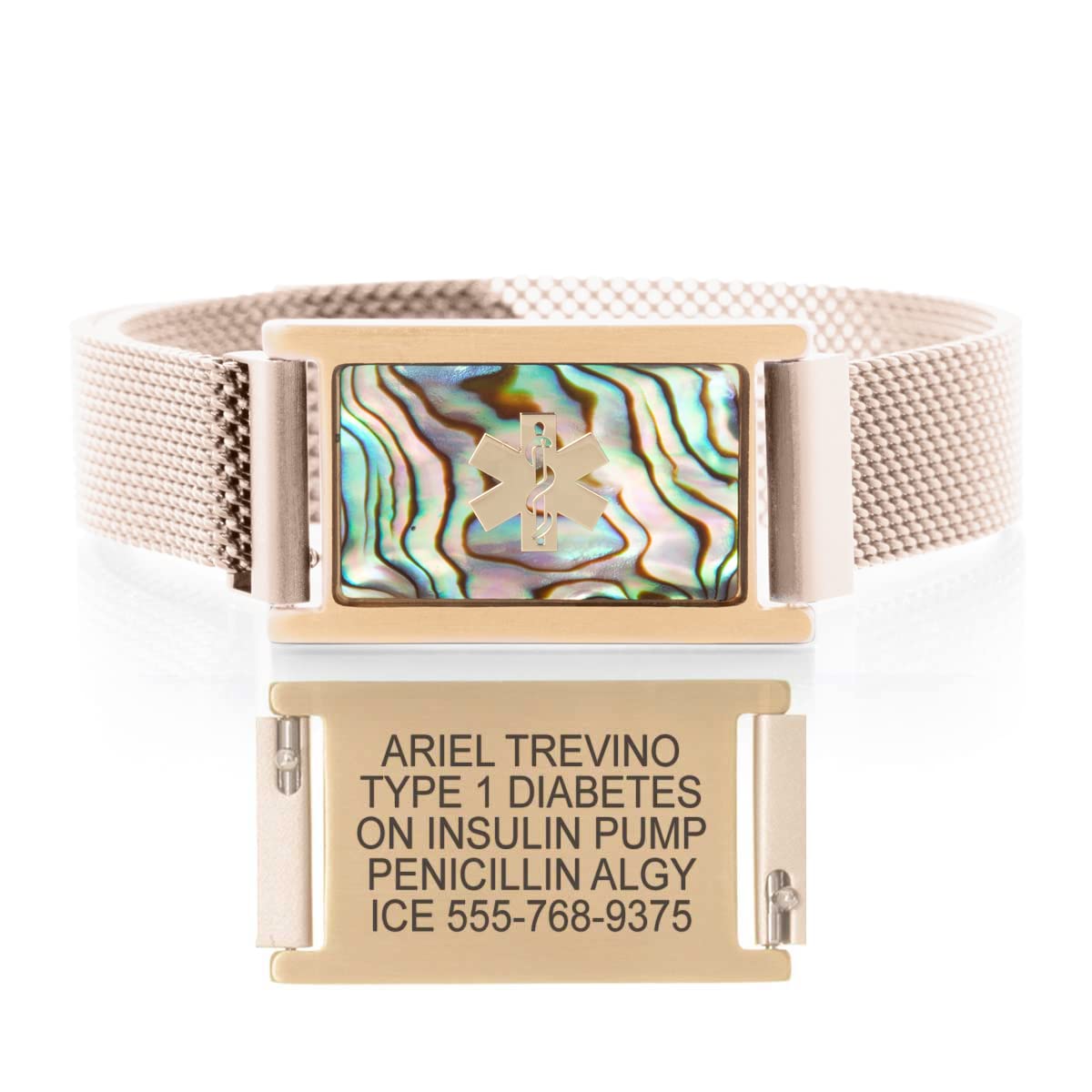 Stylish Medical Alert Bracelet for Women - Mother of Pearl & Gold-Tone Stainless Steel Custom Engraved ID Bracelet | Adjustable, Waterproof & Durable Emergency Medical Jewelry | Perfect for Daily Wear, Travel & Health Safety