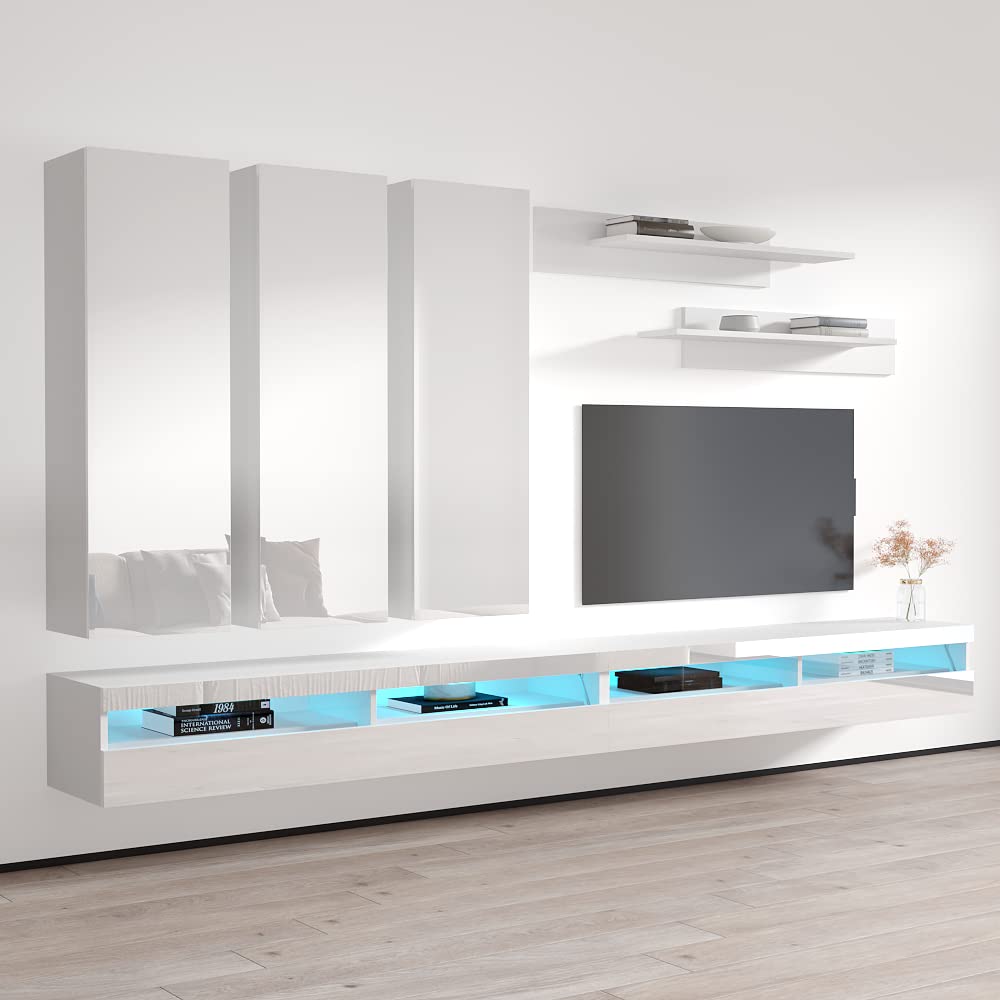 Modern White Wall-Mounted TV Stand with Storage Shelves & LED Lights - E1 35TV Floating Entertainment Center for Bedroom & Living Room - Space-Saving Media Console for Small Apartments & Home Theaters