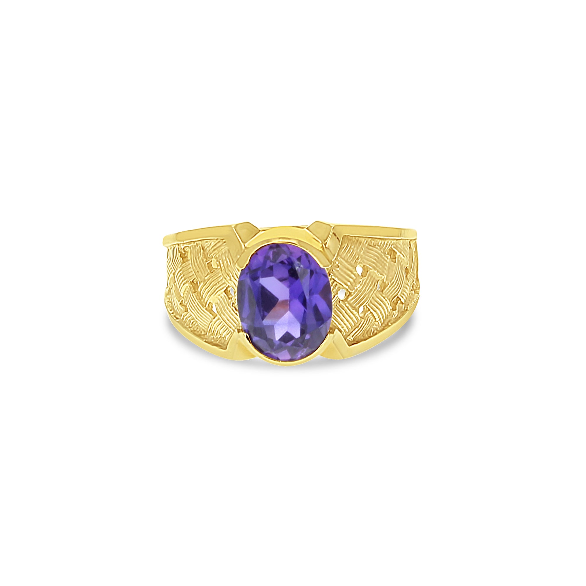 14K Yellow Gold Oval Amethyst Ring with Intricate Basketweave Band - Elegant Jewelry for Women, Perfect for Weddings, Anniversaries & Special Occasions