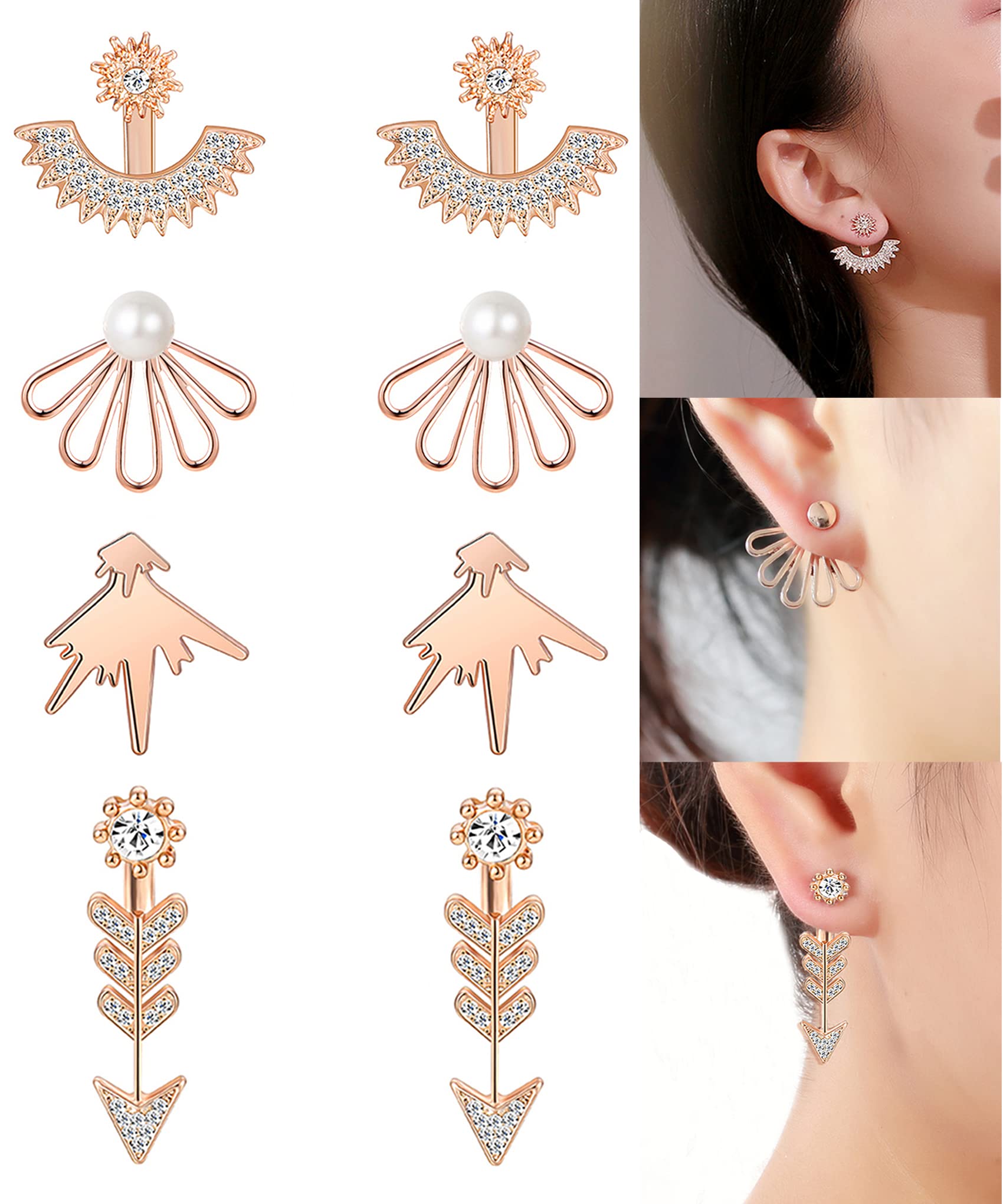 4 Pairs Lotus Flower Ear Jackets - Simple Chic CZ Stud Earrings Set for Women in Silver & Rose Gold Tone | Perfect for Parties, Weddings & Everyday Wear